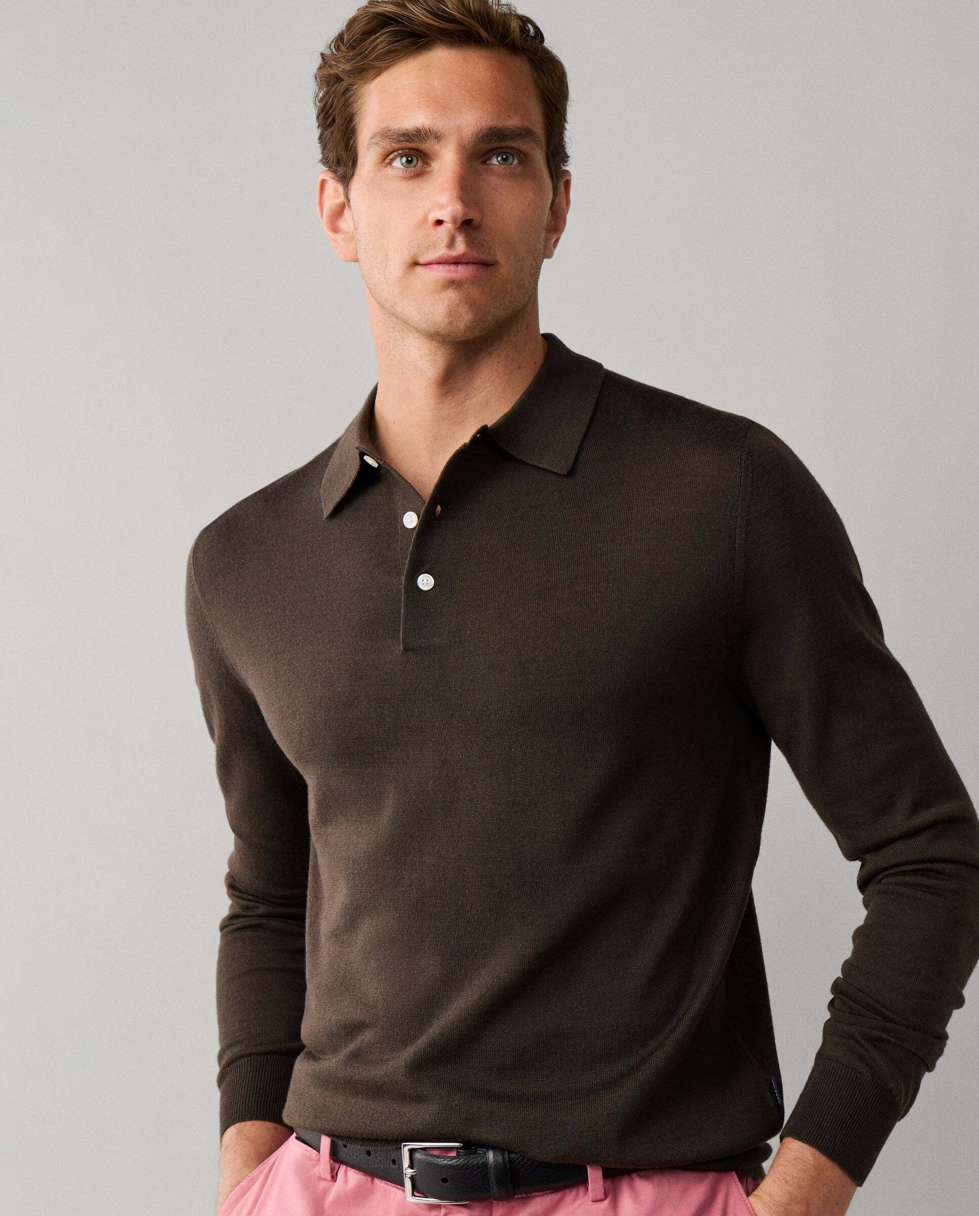 Polo de hombre de punto en lana merino-seda de manga larga - Hackett - Verde Verde-5