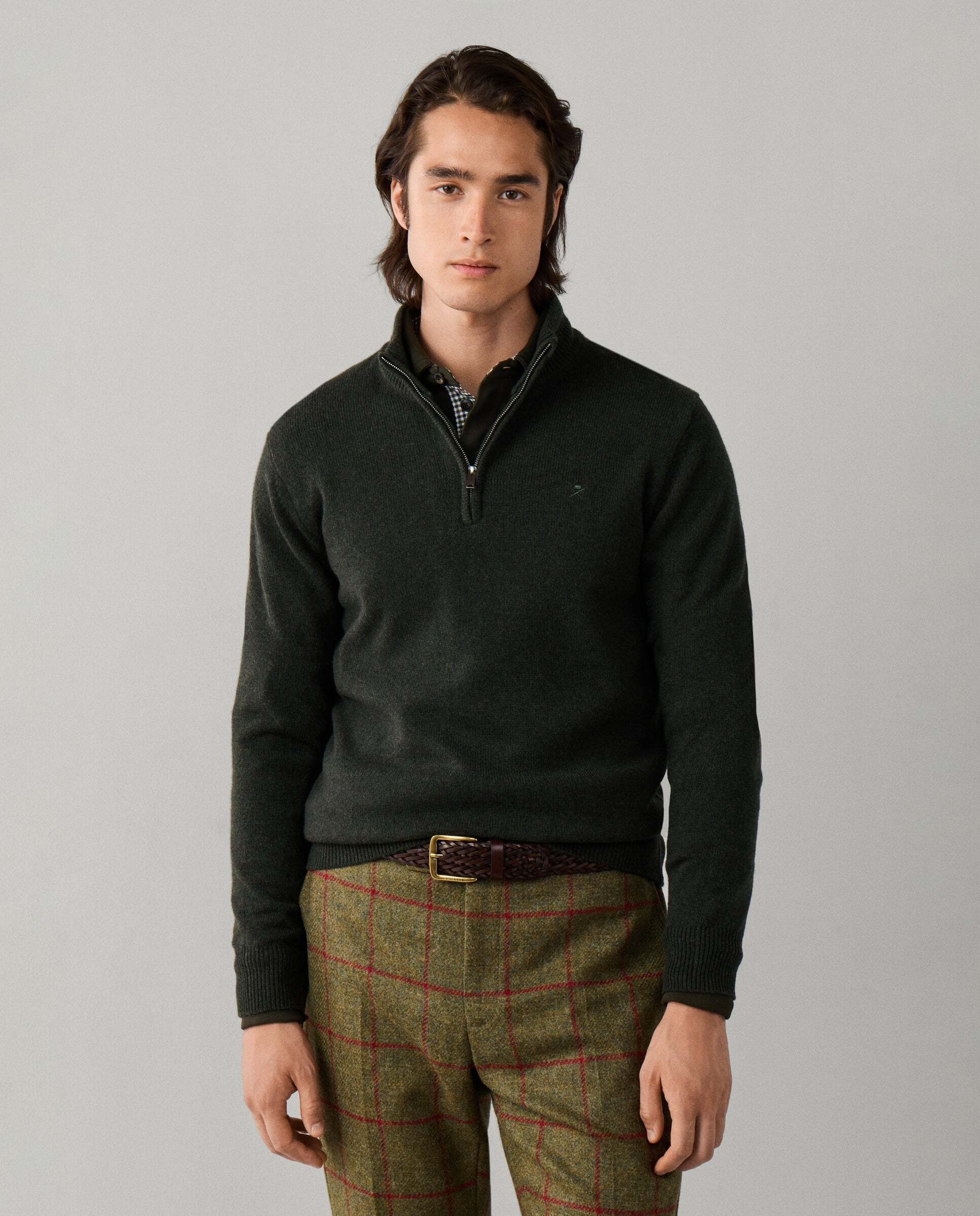 Jersey de hombre en lana de cordero con cremallera - Hackett - Verde militar Verde militar-1