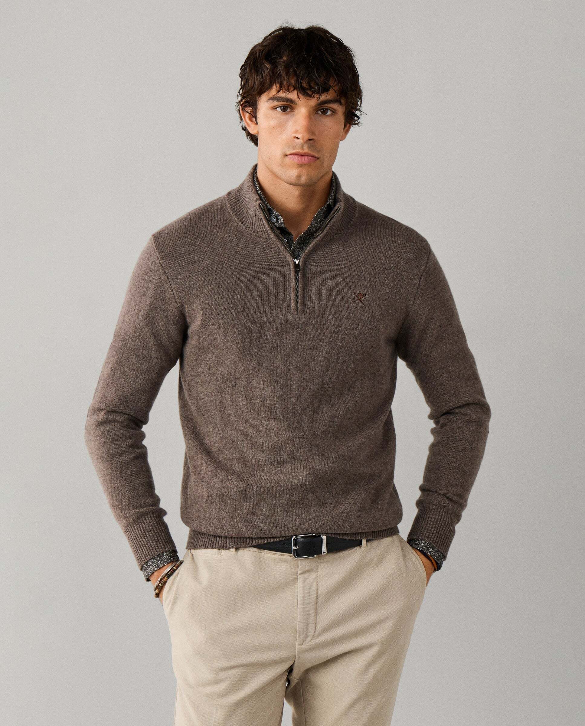 Jersey de hombre de lana con media cremallera y logo bordado - Hackett - Natural Natural-1