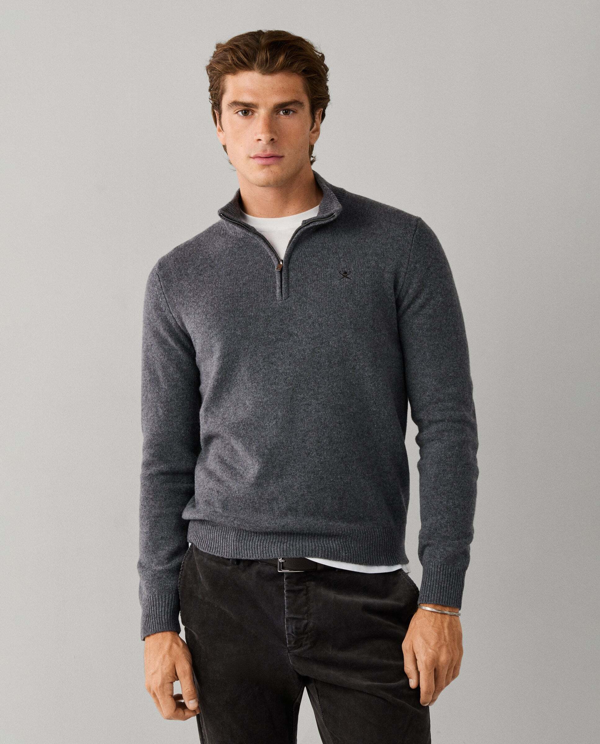 Jersey de hombre de lana con media cremallera y logo bordado - Hackett - Gris Gris-1