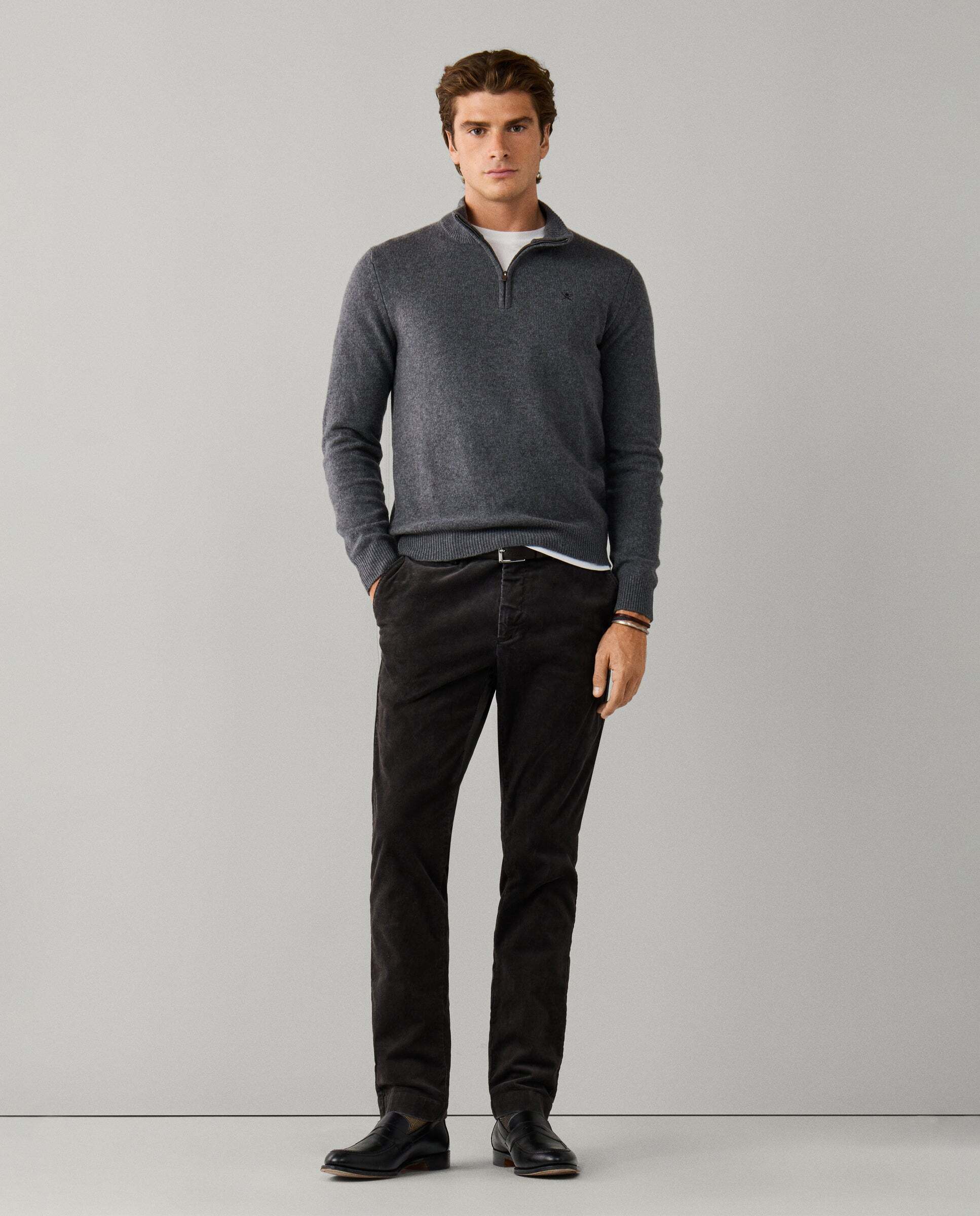 Jersey de hombre de lana con media cremallera y logo bordado - Hackett - Gris Gris-2