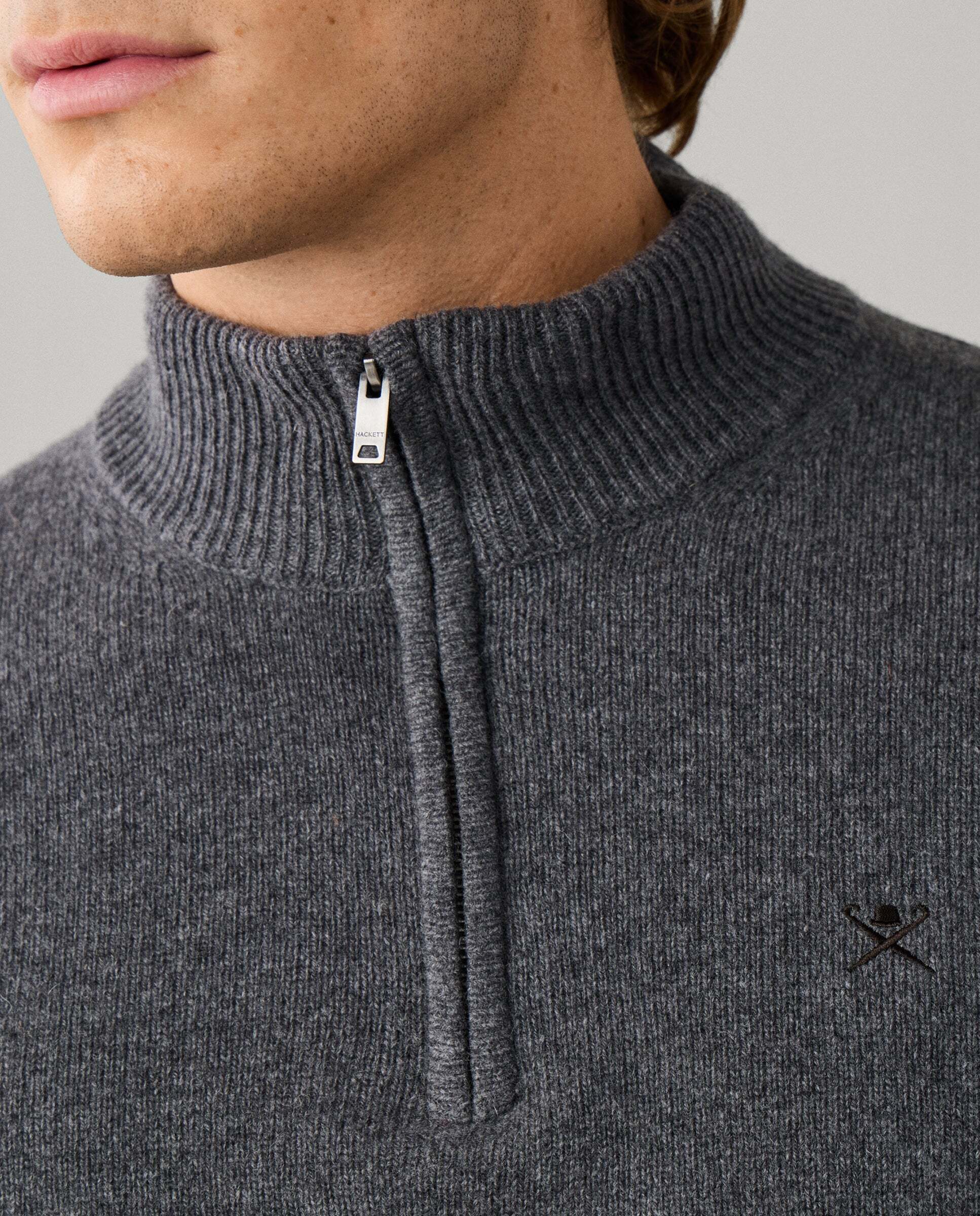 Jersey de hombre de lana con media cremallera y logo bordado - Hackett - Gris Gris-4