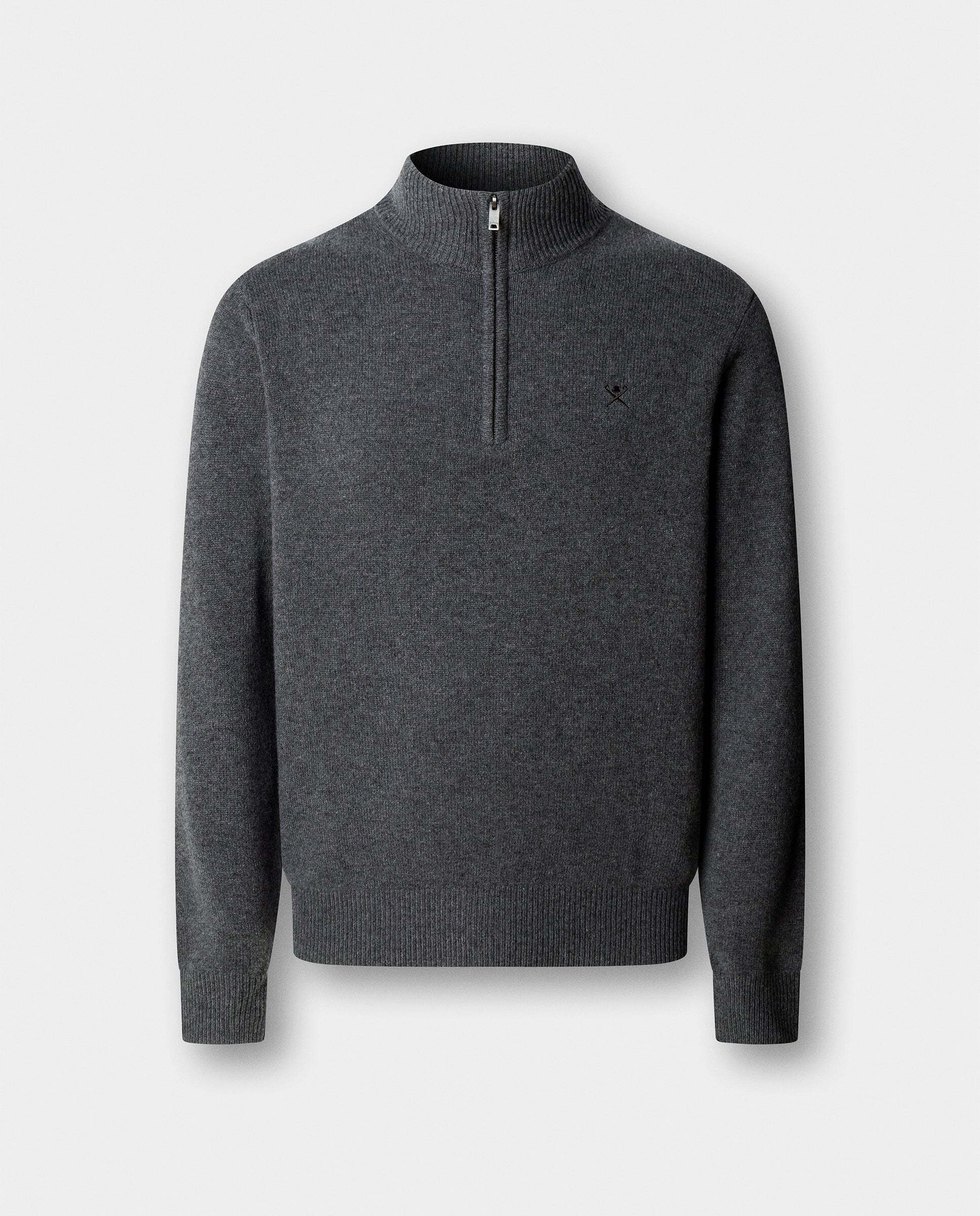 Jersey de hombre de lana con media cremallera y logo bordado - Hackett - Gris Gris-6
