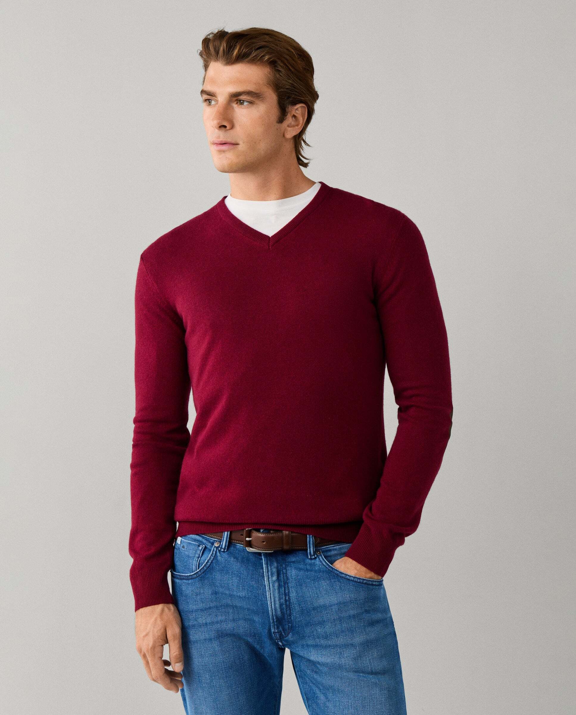 Jersey de hombre mezcla de lana merino-cashmere cuello pico - Hackett - Rojo Rojo-1