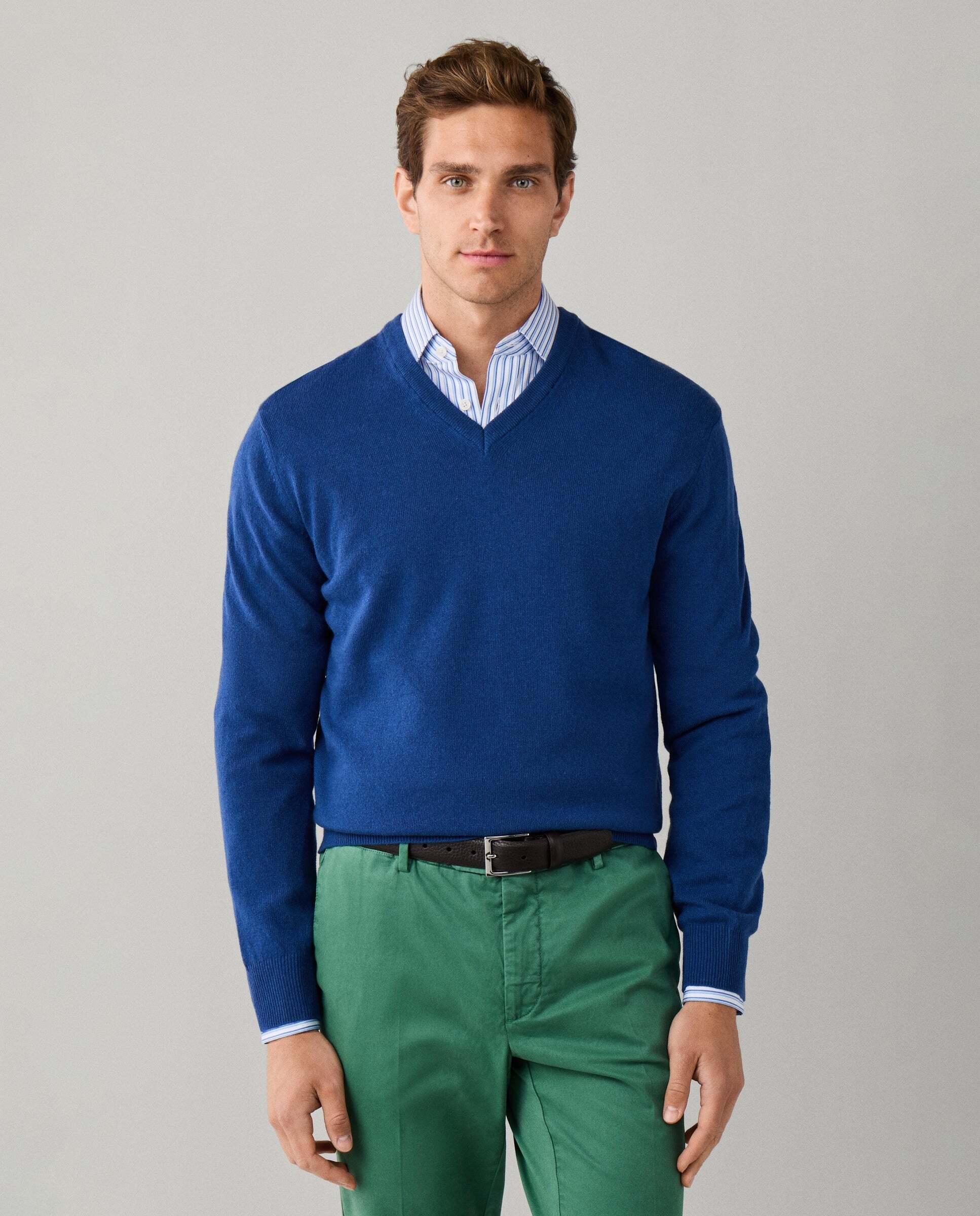 Jersey de hombre mezcla de lana merino-cashmere cuello pico - Hackett - Azul Azul-1