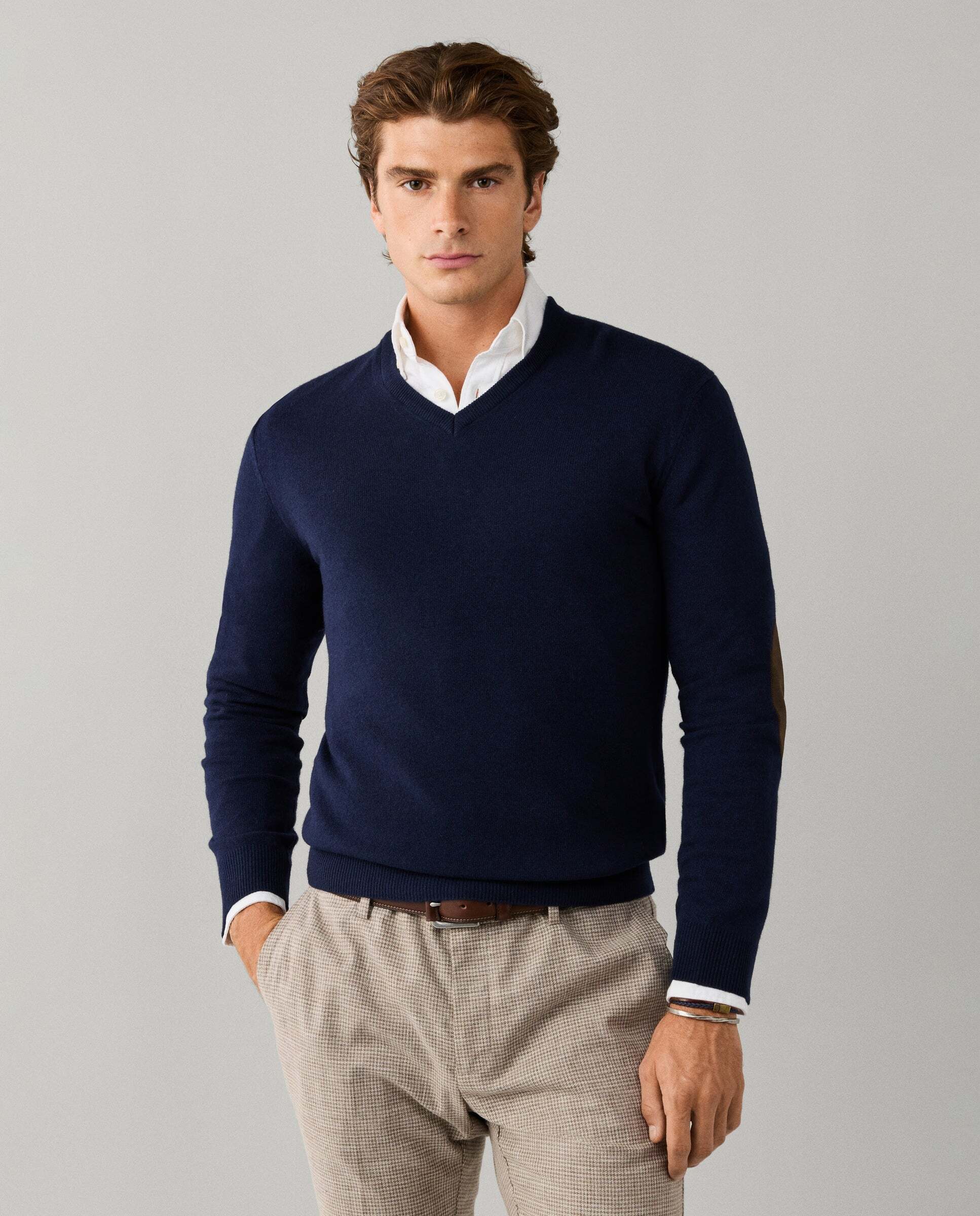 Jersey de hombre mezcla de lana merino-cashmere cuello pico - Hackett - Azul marino Azul marino-1