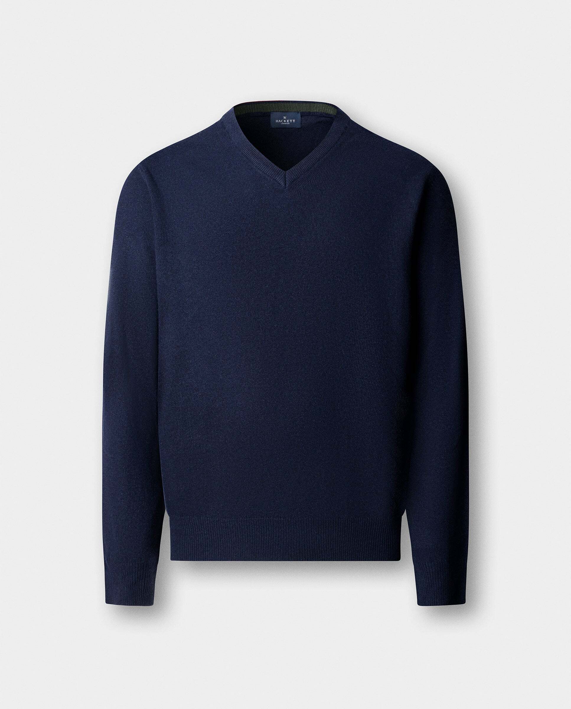 Jersey de hombre mezcla de lana merino-cashmere cuello pico - Hackett - Azul marino Azul marino-6