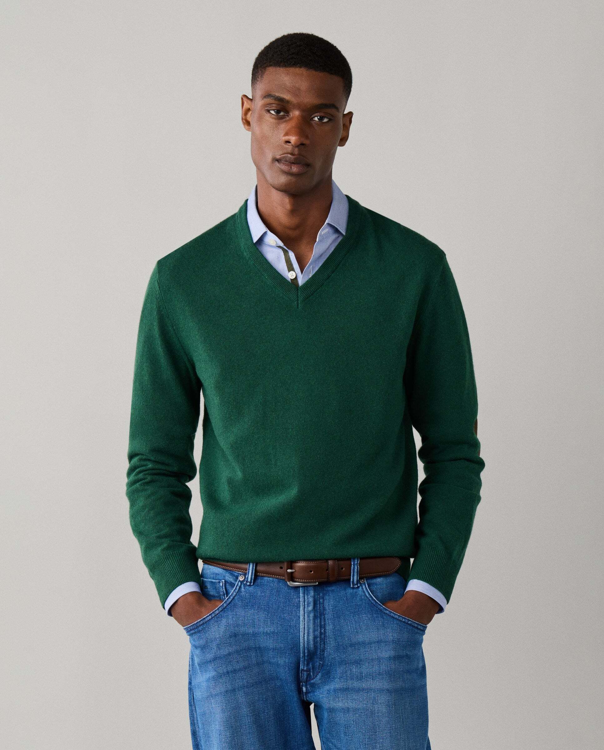 Jersey de hombre mezcla de lana merino-cashmere cuello pico - Hackett - Verde Verde-1