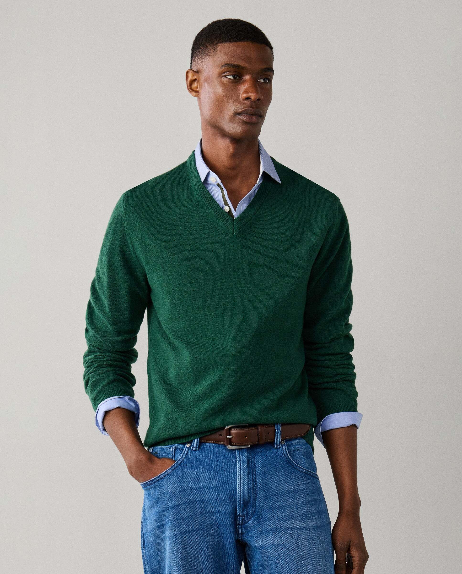 Jersey de hombre mezcla de lana merino-cashmere cuello pico - Hackett - Verde Verde-6
