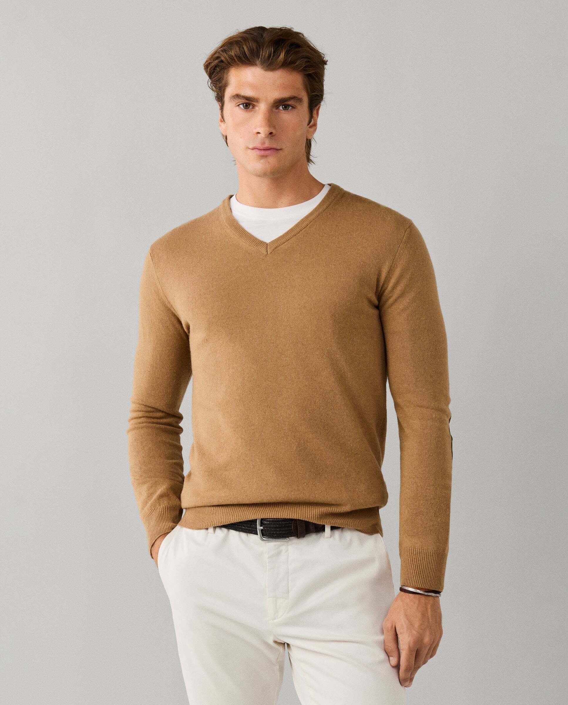Jersey de hombre mezcla de lana merino-cashmere cuello pico - Hackett - Natural Natural-1