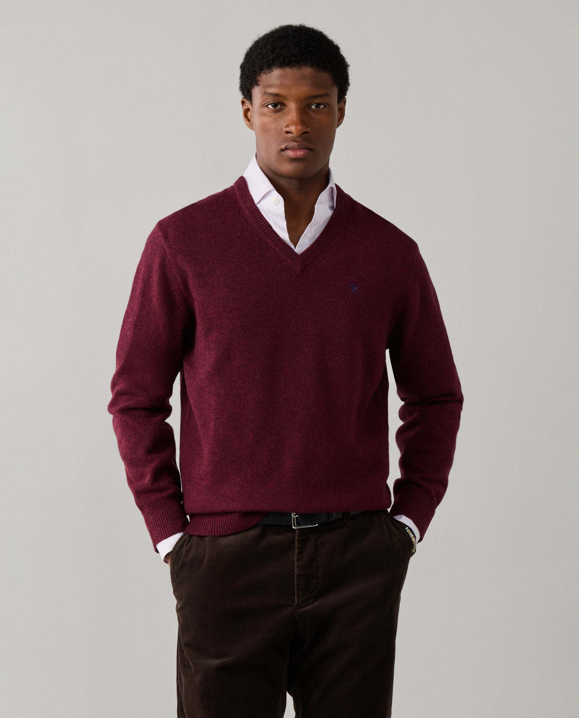 Jersey de hombre de lana de cordero con cuello de pico y logo bordado - Hackett - Rojo Rojo-1