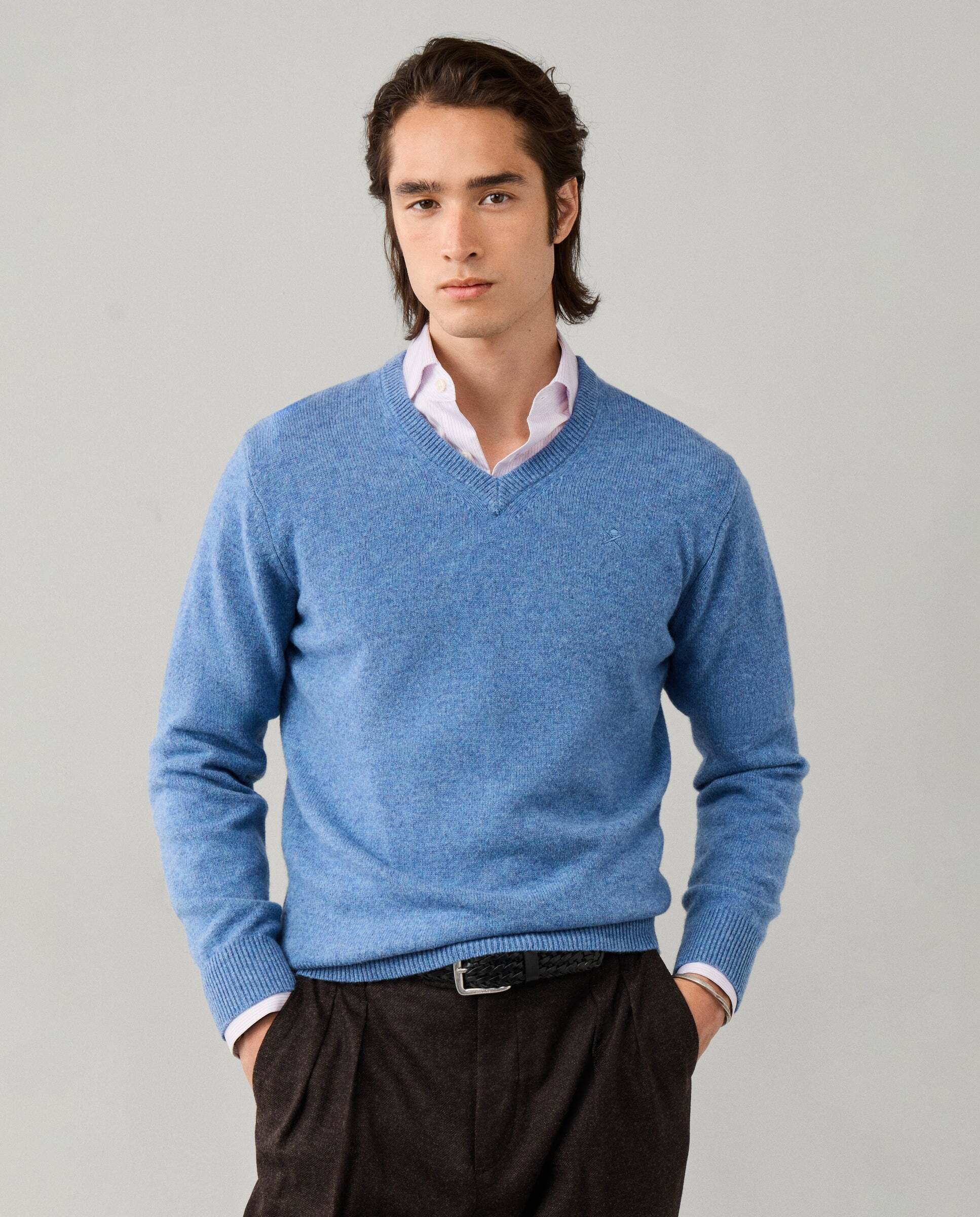 Jersey de hombre de lana de cordero con cuello de pico y logo bordado - Hackett - Azul Azul-1