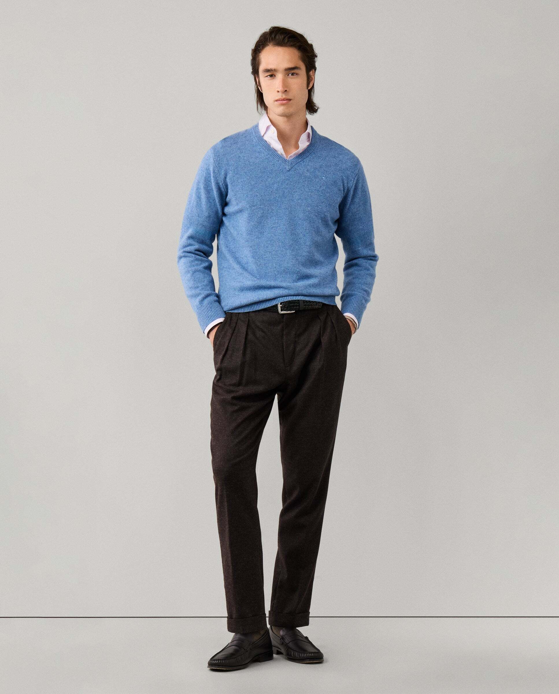 Jersey de hombre de lana de cordero con cuello de pico y logo bordado - Hackett - Azul Azul-2