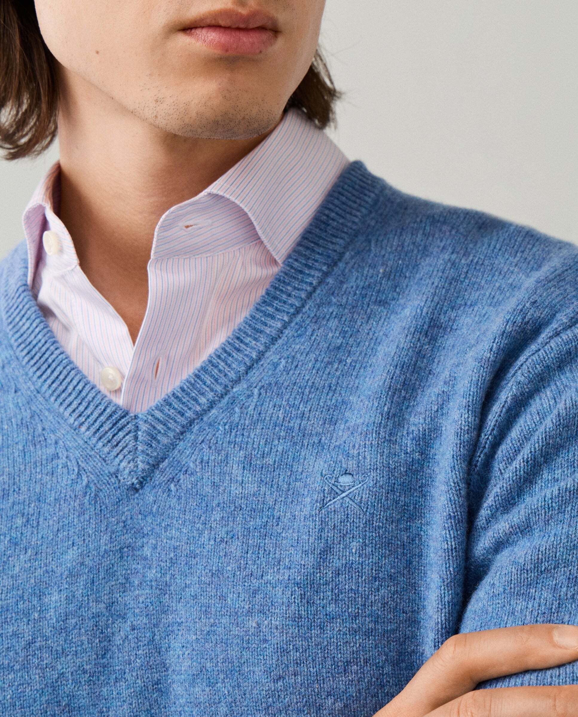 Jersey de hombre de lana de cordero con cuello de pico y logo bordado - Hackett - Azul Azul-4