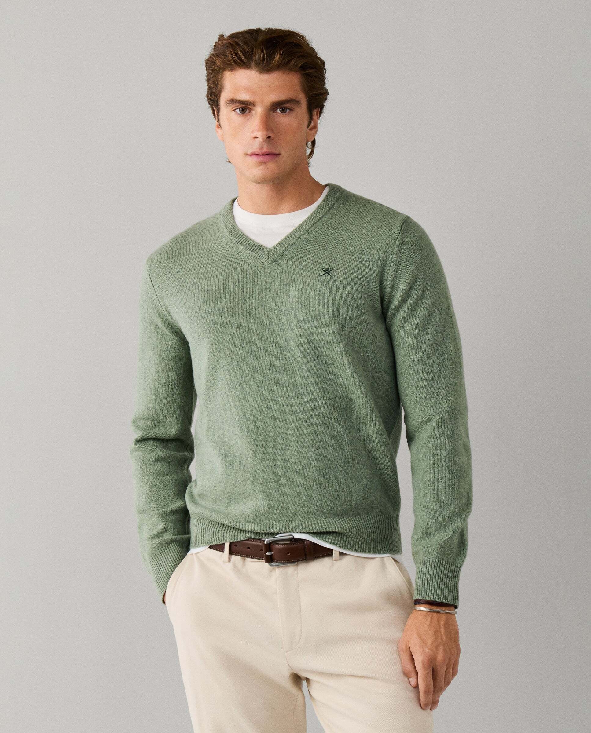 Jersey de hombre de lana de cordero con cuello de pico y logo bordado - Hackett - Verde Verde-1