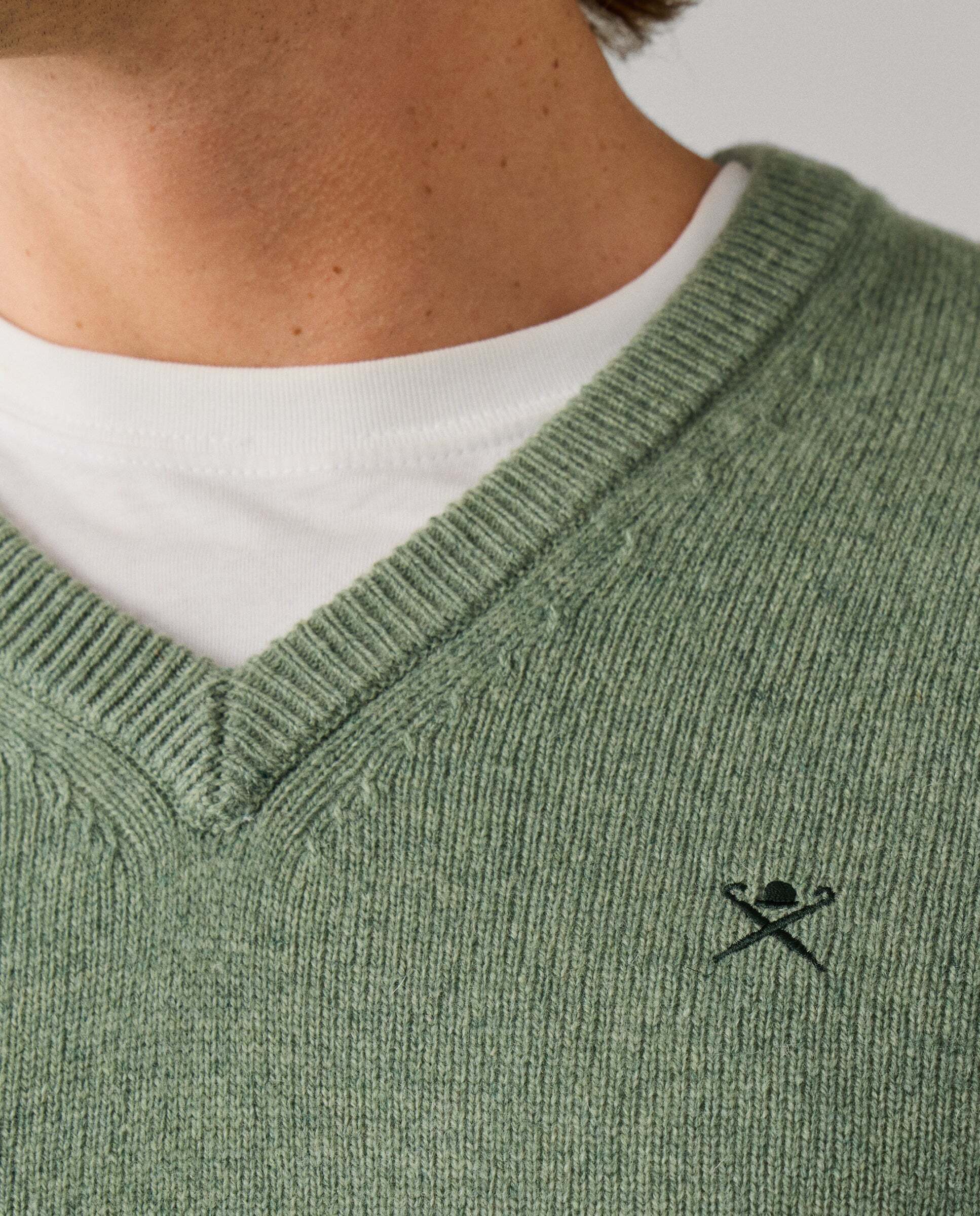 Jersey de hombre de lana de cordero con cuello de pico y logo bordado - Hackett - Verde Verde-4