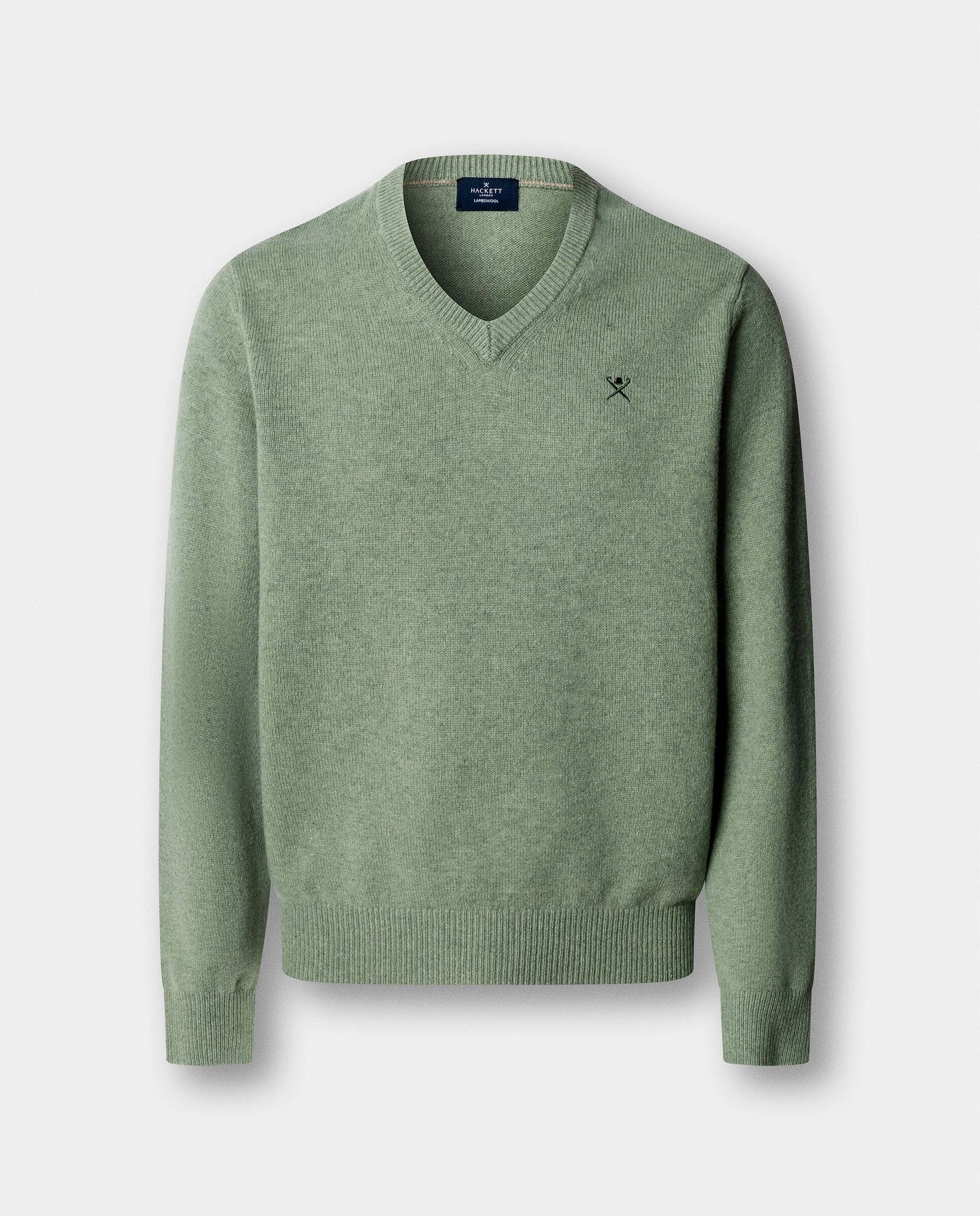 Jersey de hombre de lana de cordero con cuello de pico y logo bordado - Hackett - Verde Verde-6