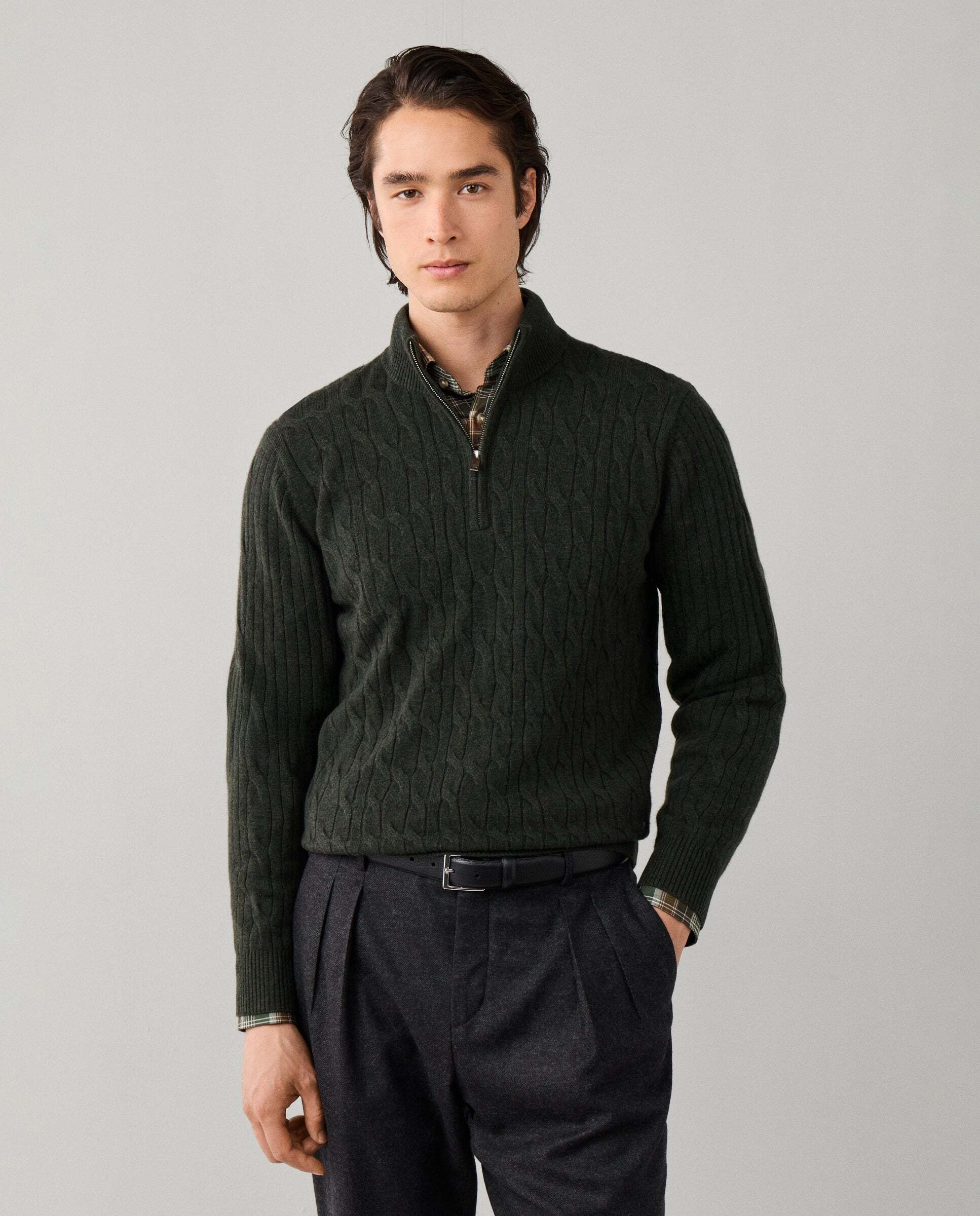 Jersey en lana de cordero de punto trenzado con con cremallera - Hackett - Verde Verde-1