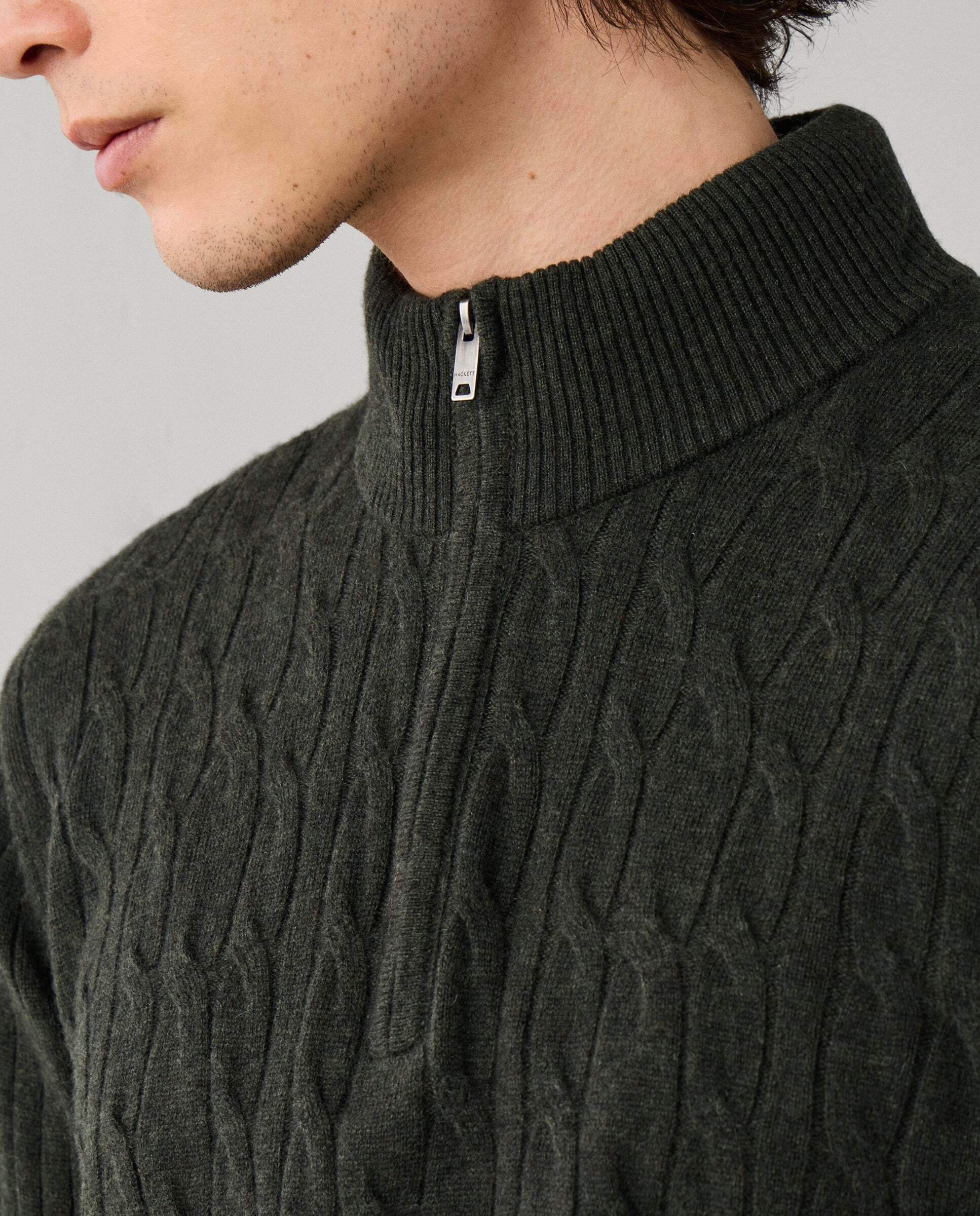 Jersey en lana de cordero de punto trenzado con con cremallera - Hackett - Verde Verde-4