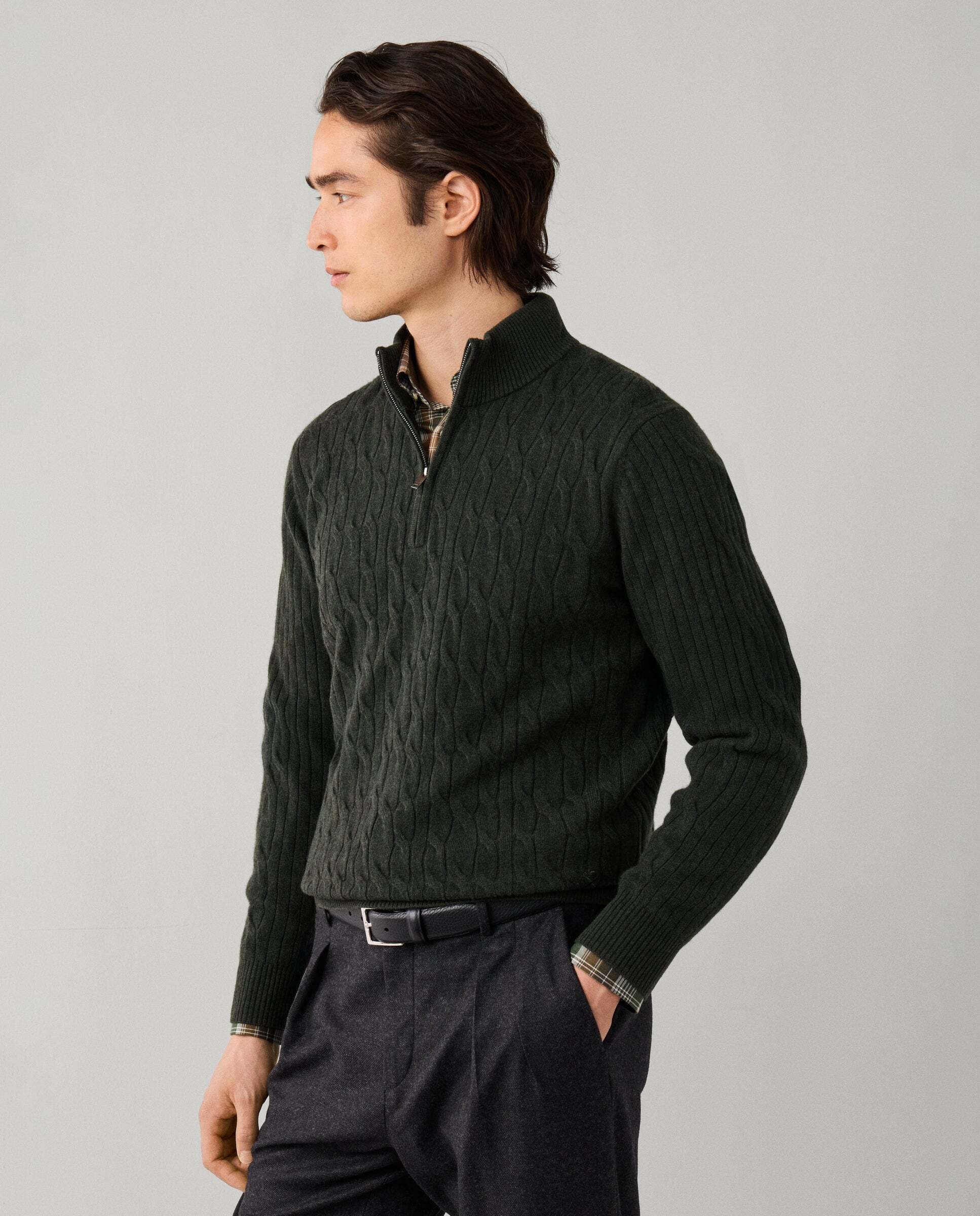 Jersey en lana de cordero de punto trenzado con con cremallera - Hackett - Verde Verde-5