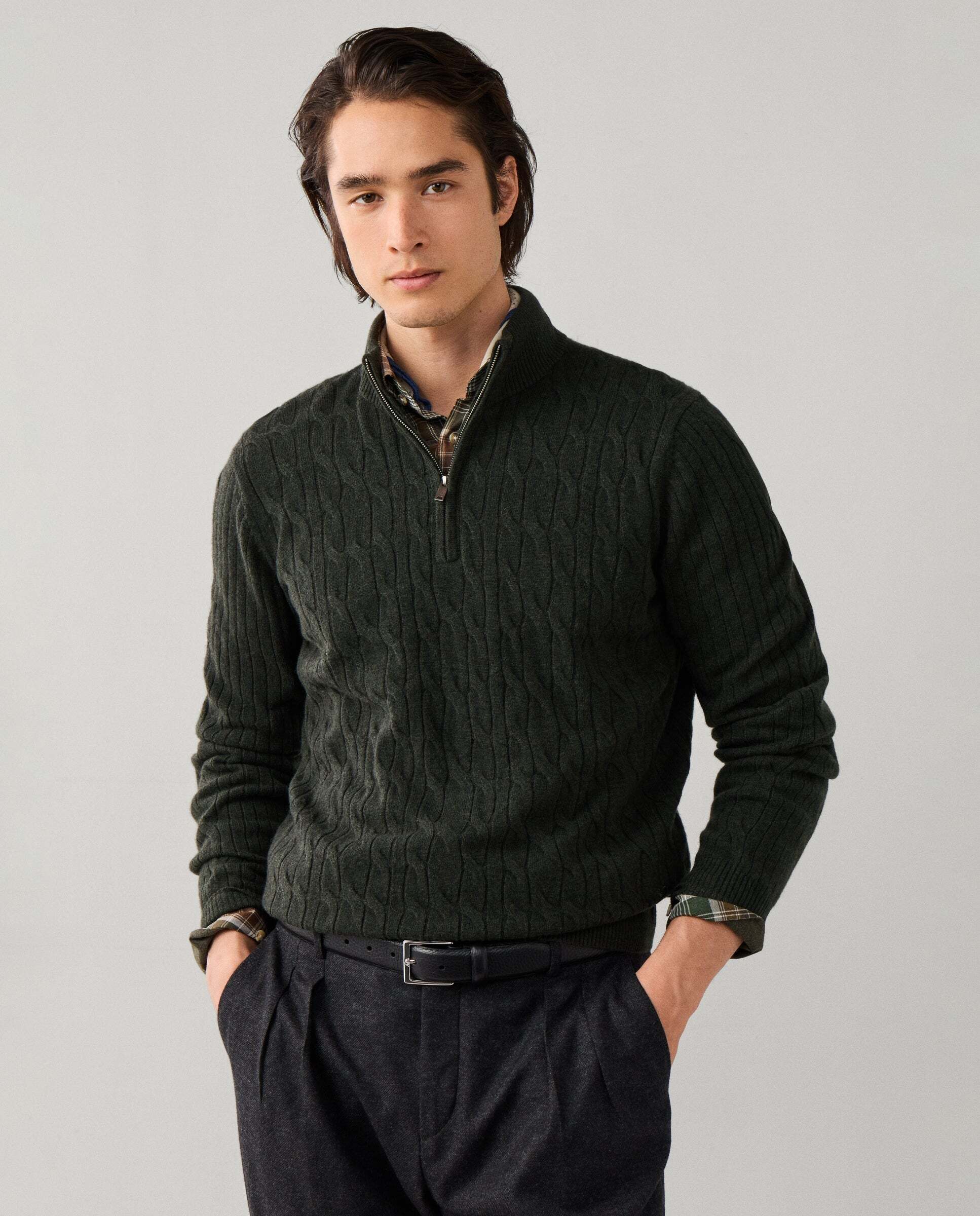 Jersey en lana de cordero de punto trenzado con con cremallera - Hackett - Verde Verde-6