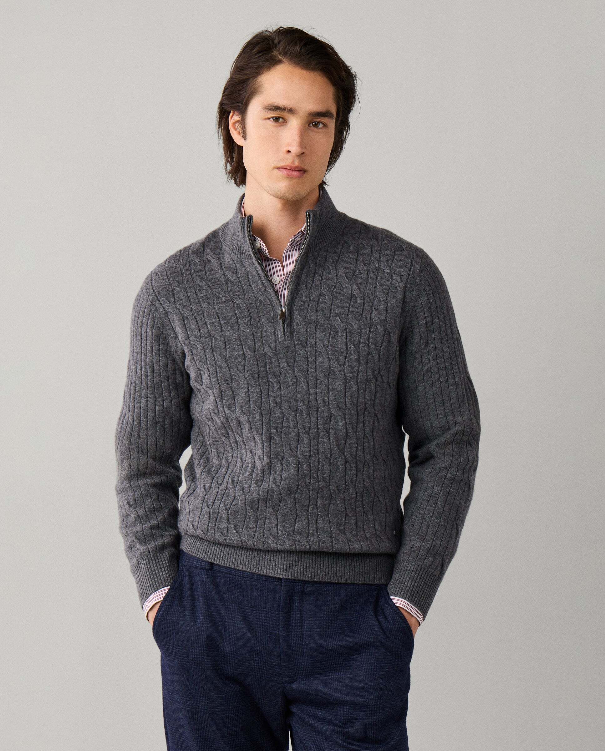 Jersey en lana de cordero de punto trenzado con con cremallera - Hackett - Gris Gris-1