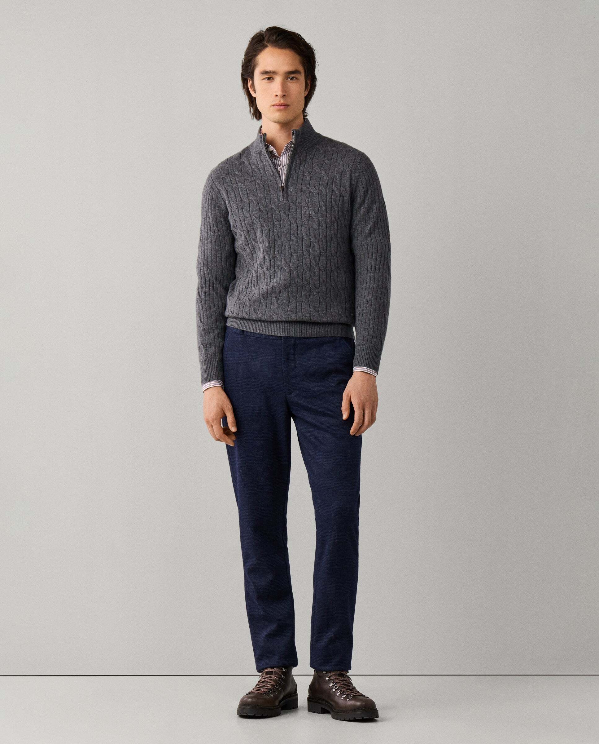 Jersey en lana de cordero de punto trenzado con con cremallera - Hackett - Gris Gris-2