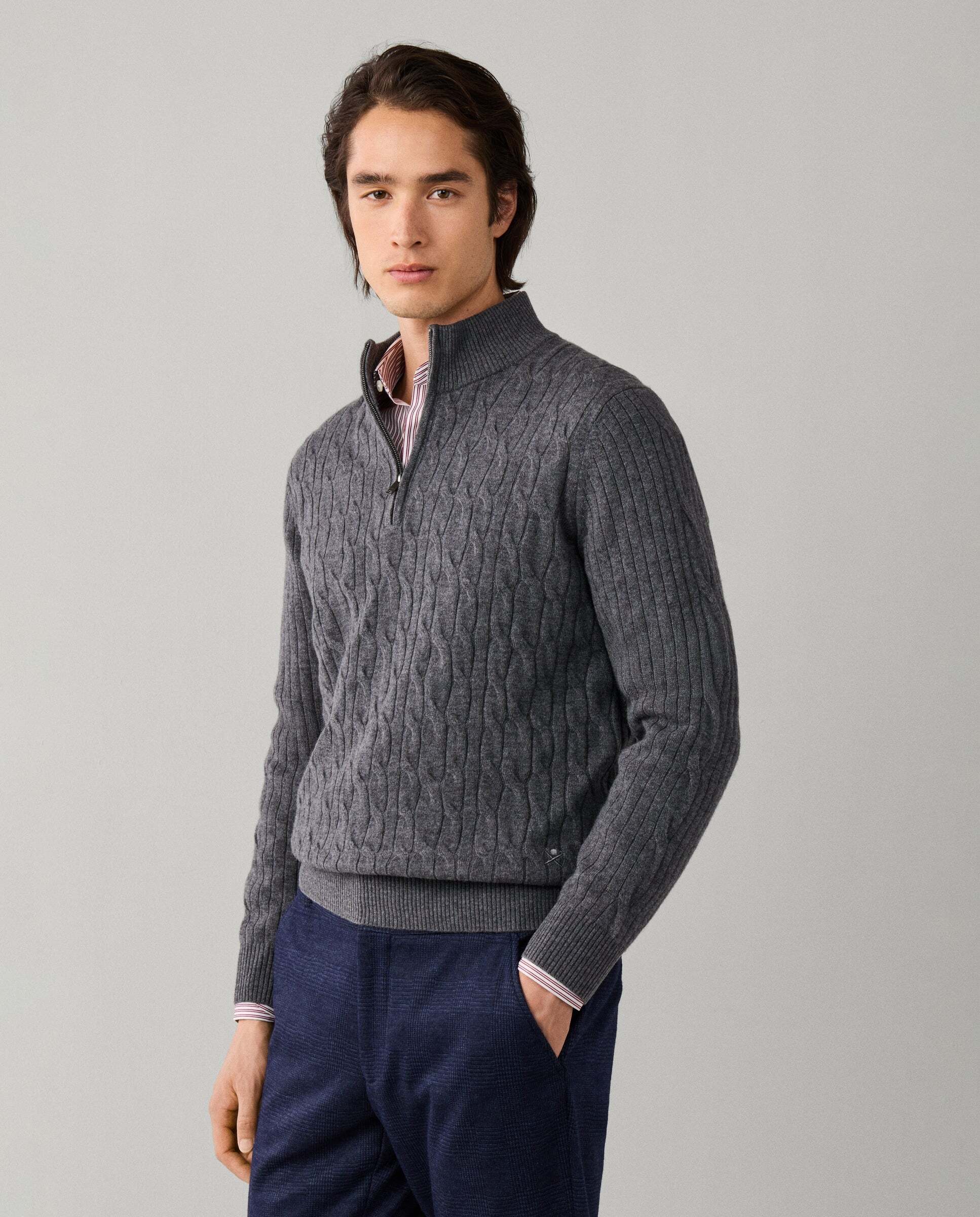 Jersey en lana de cordero de punto trenzado con con cremallera - Hackett - Gris Gris-5