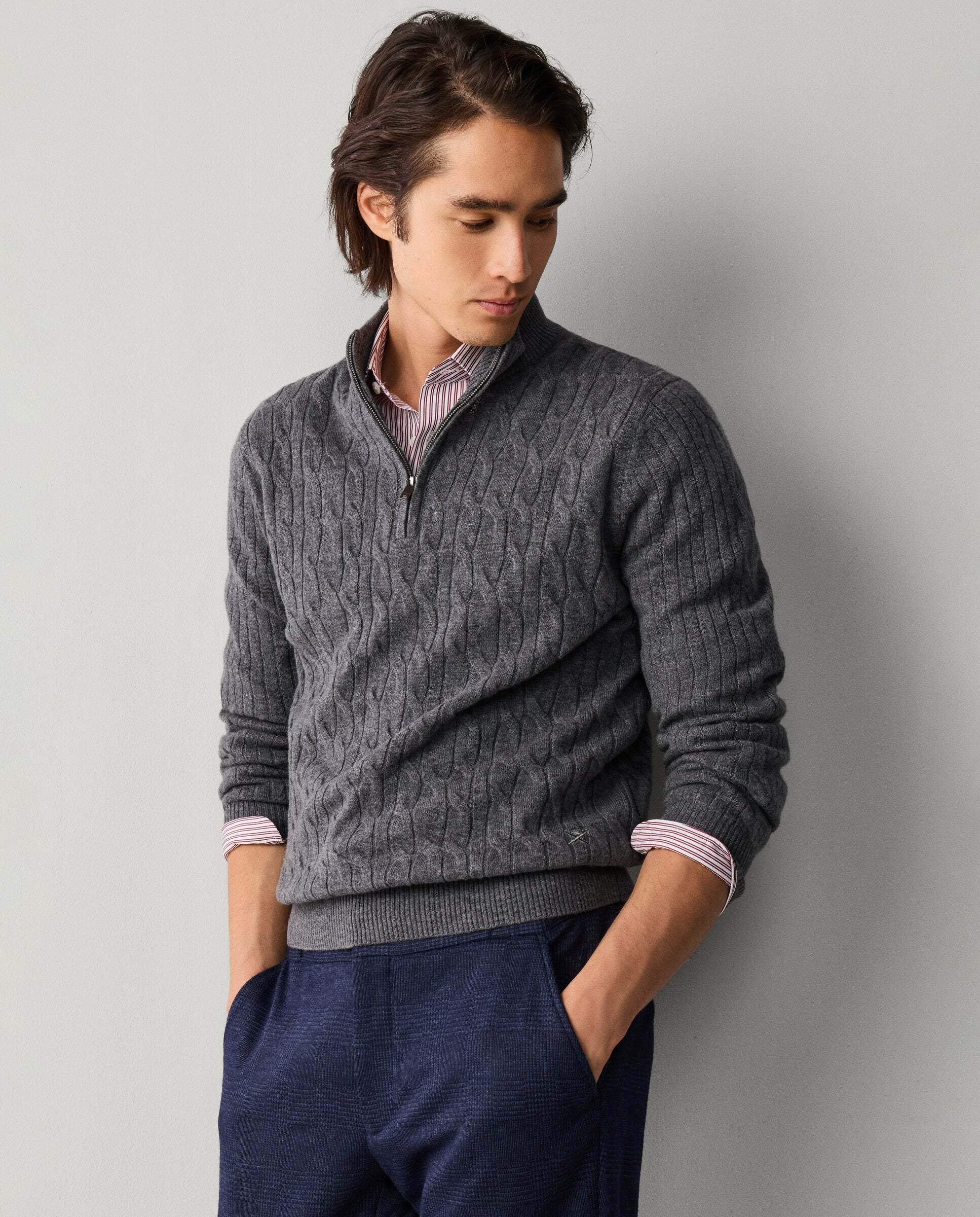 Jersey en lana de cordero de punto trenzado con con cremallera - Hackett - Gris Gris-6