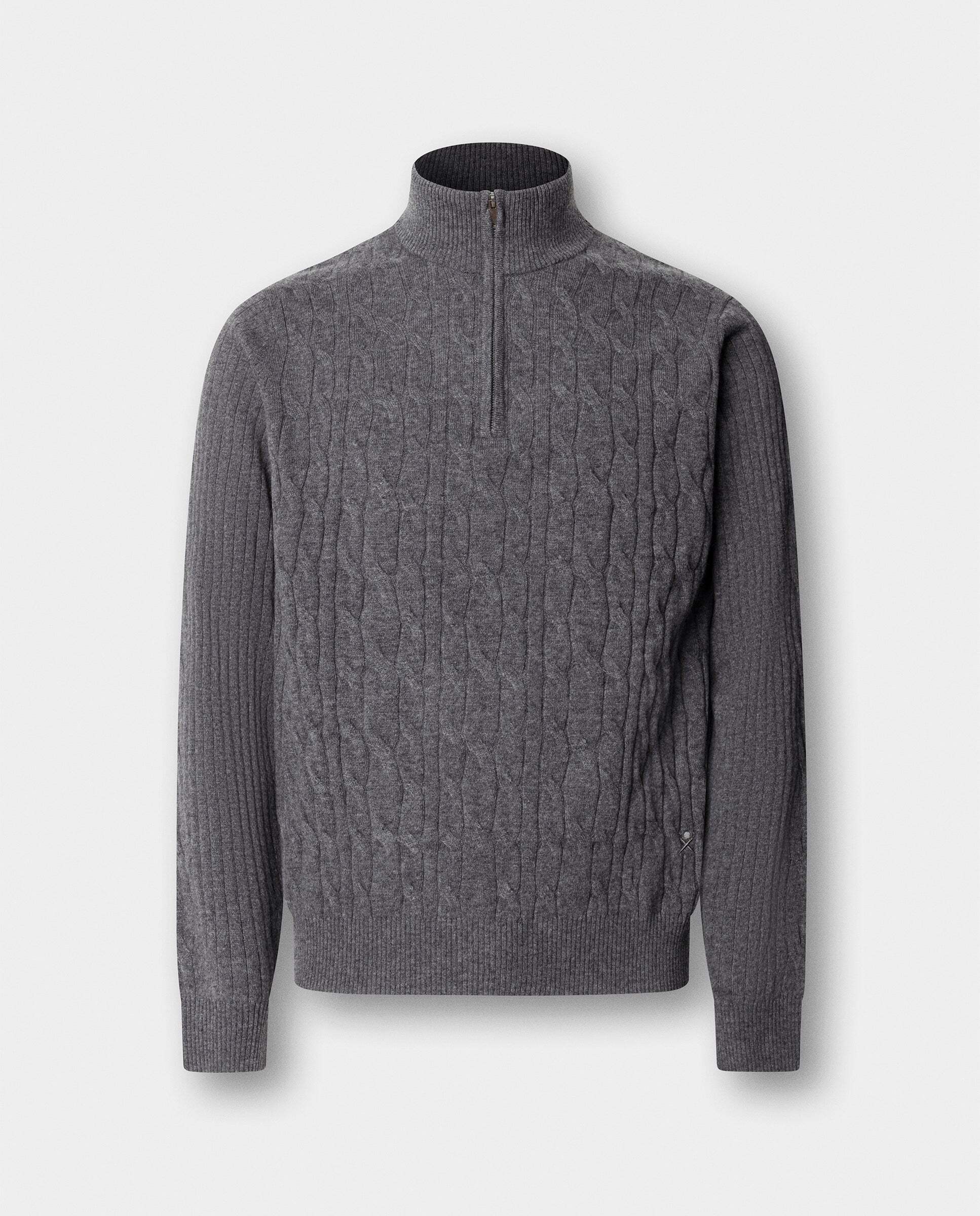 Jersey en lana de cordero de punto trenzado con con cremallera - Hackett - Gris Gris-7
