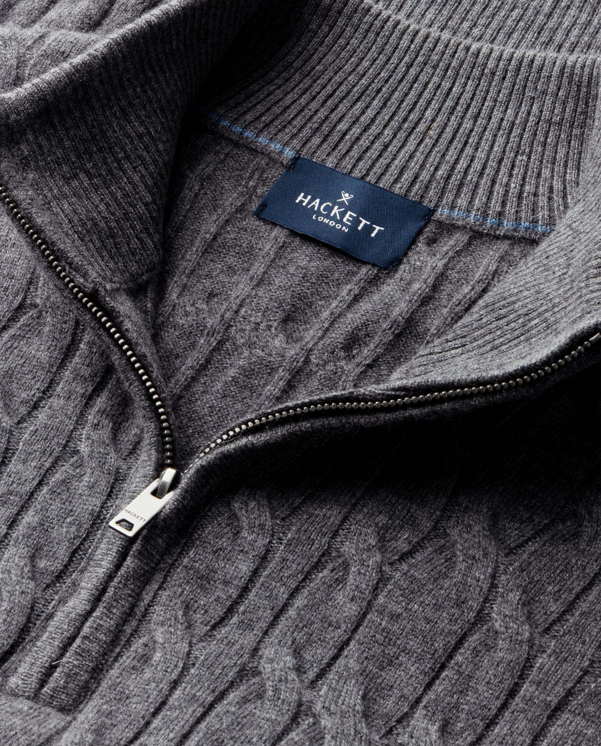 Jersey en lana de cordero de punto trenzado con con cremallera - Hackett - Gris Gris-9