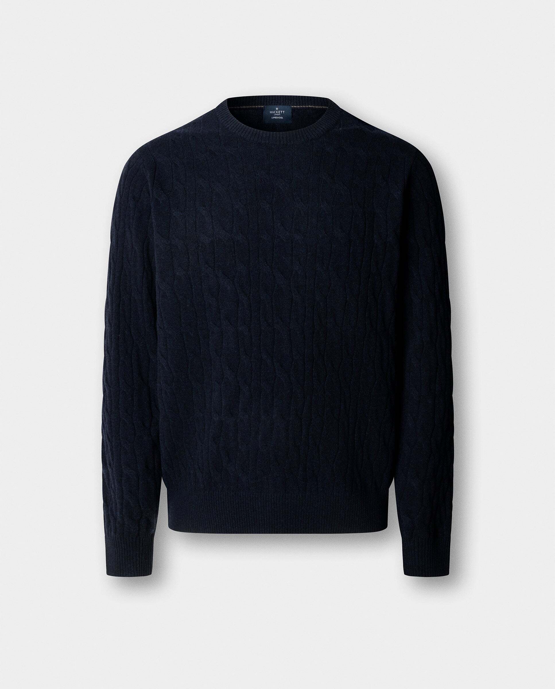 Jersey de hombre en lana de cordero de punto trenzado con cuello redondo - Hackett - Azul marino Azul marino-6