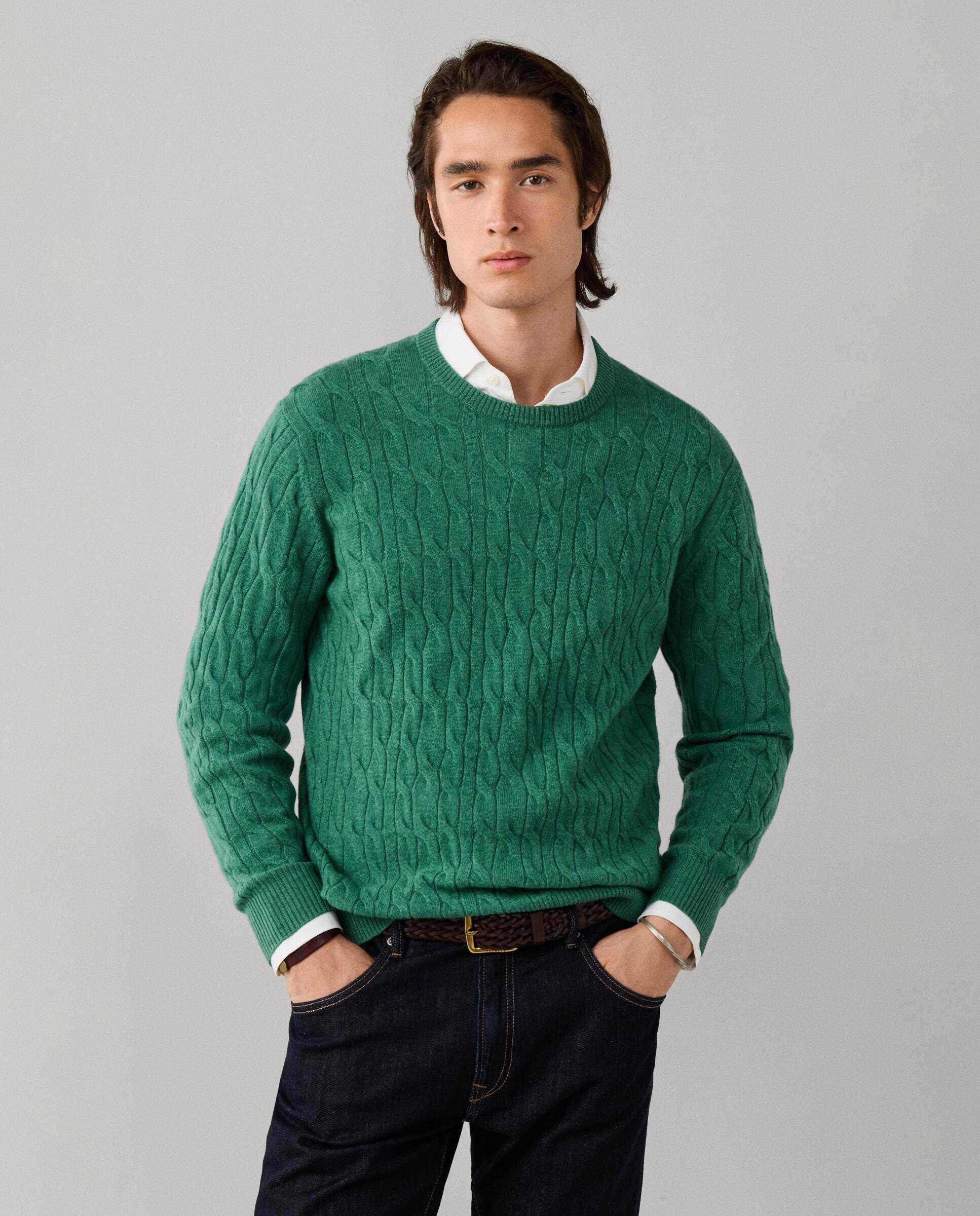 Jersey de hombre en lana de cordero de punto trenzado con cuello redondo - Hackett - Verde Verde-1
