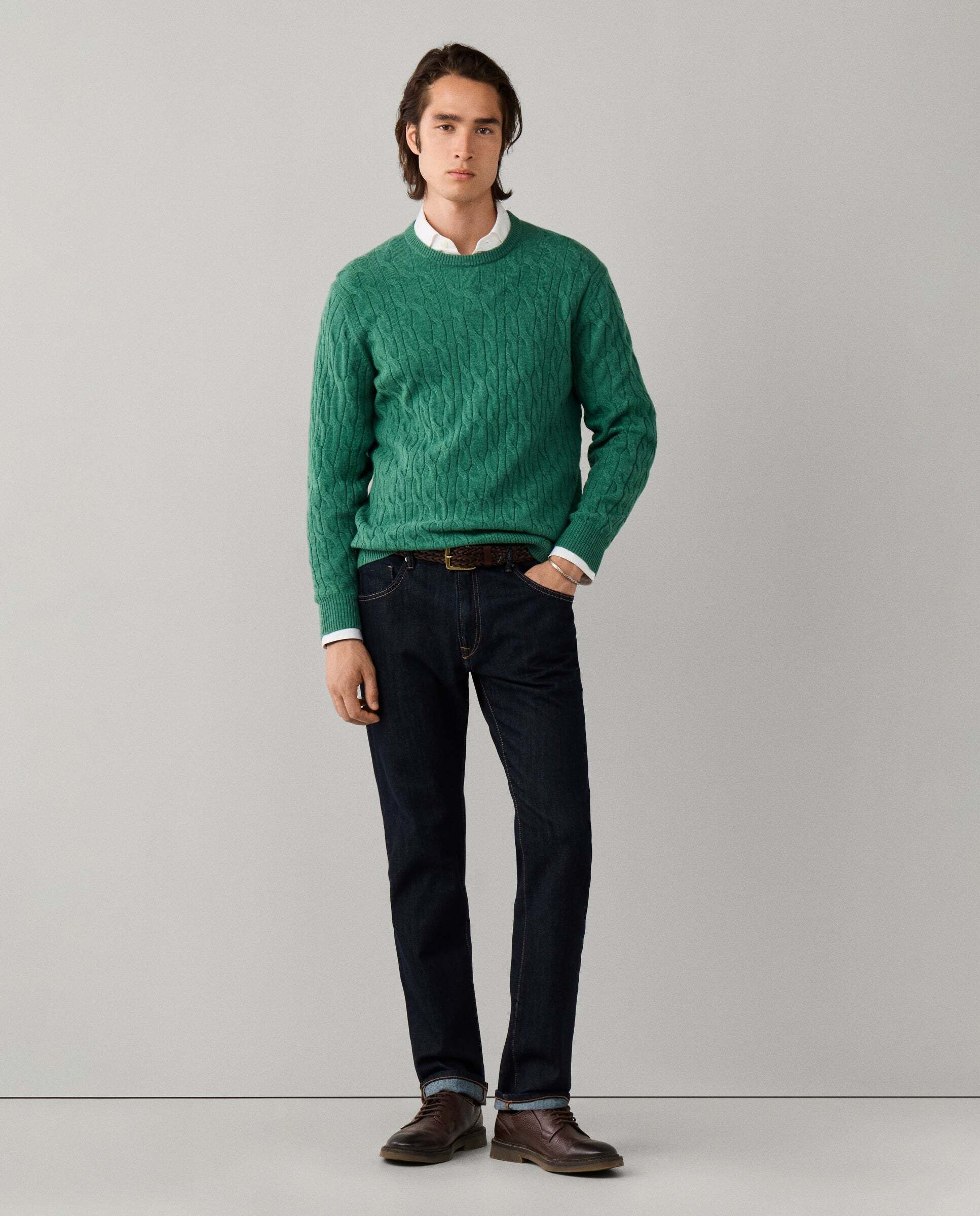 Jersey de hombre en lana de cordero de punto trenzado con cuello redondo - Hackett - Verde Verde-2