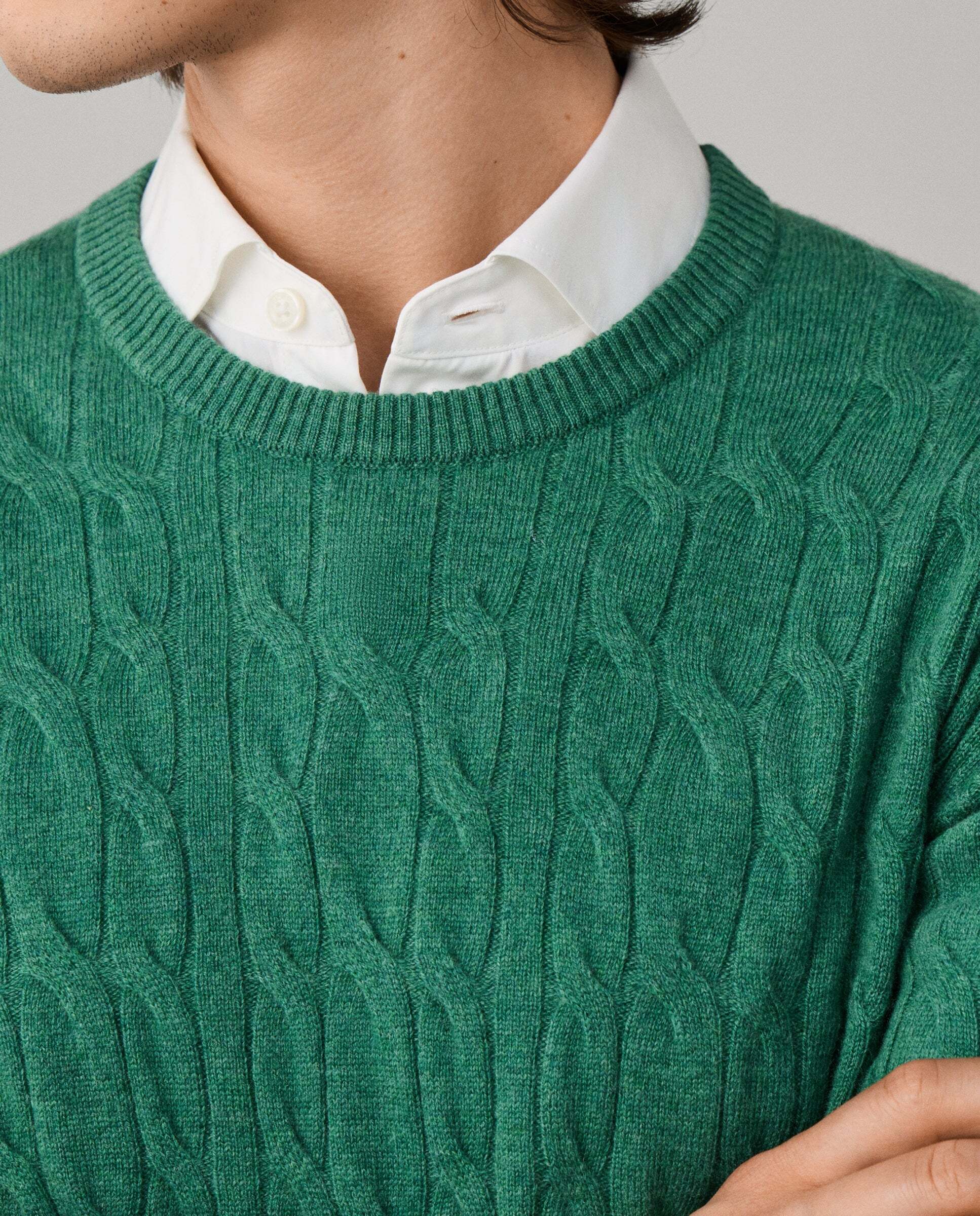 Jersey de hombre en lana de cordero de punto trenzado con cuello redondo - Hackett - Verde Verde-4