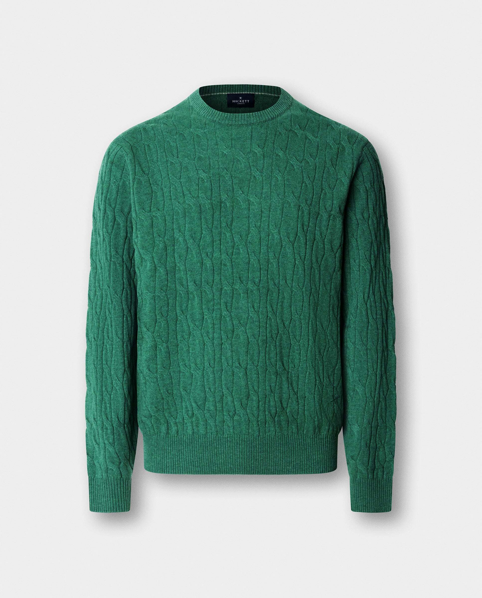 Jersey de hombre en lana de cordero de punto trenzado con cuello redondo - Hackett - Verde Verde-6