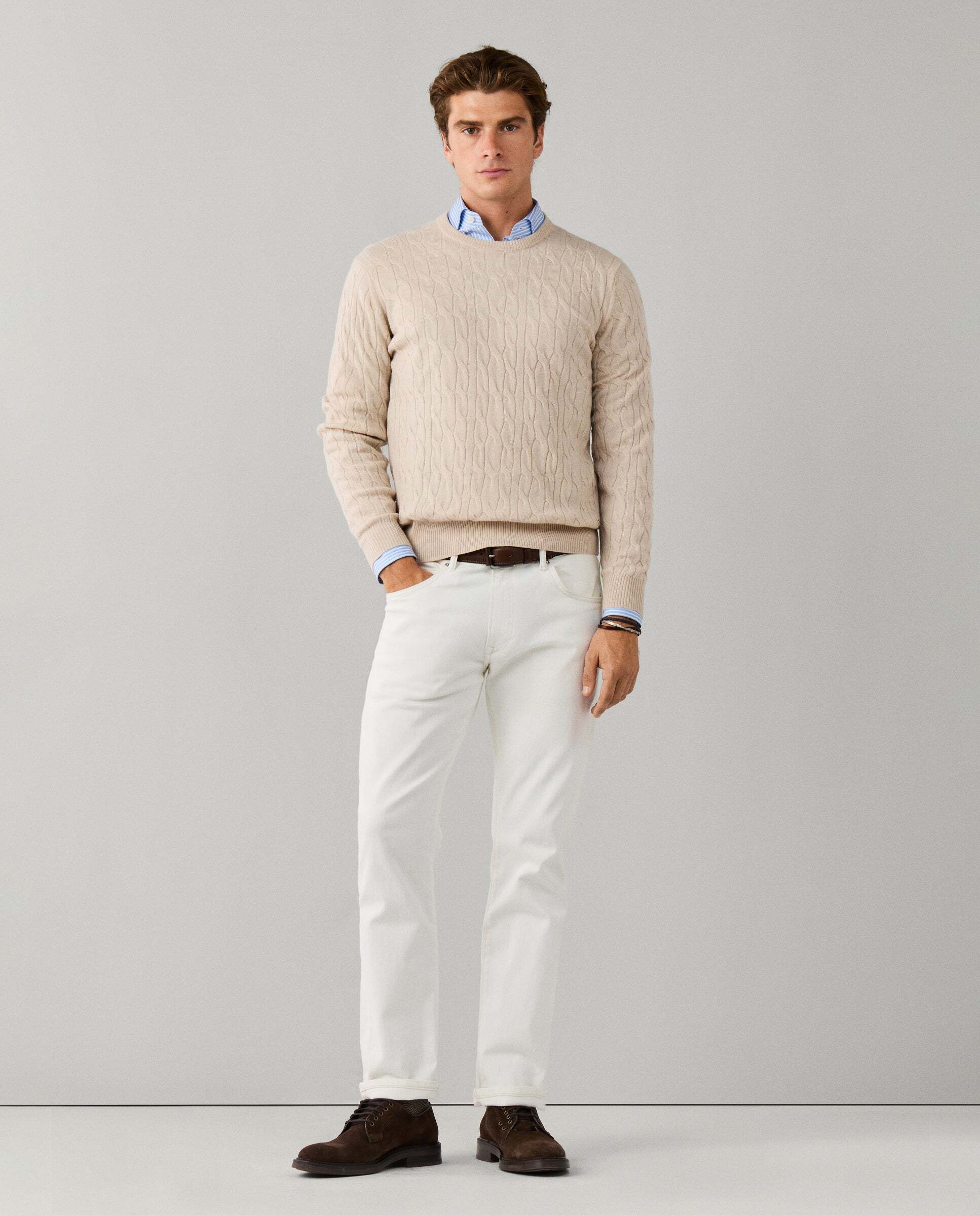 Jersey de hombre en lana de cordero de punto trenzado con cuello redondo - Hackett - Natural Natural-2