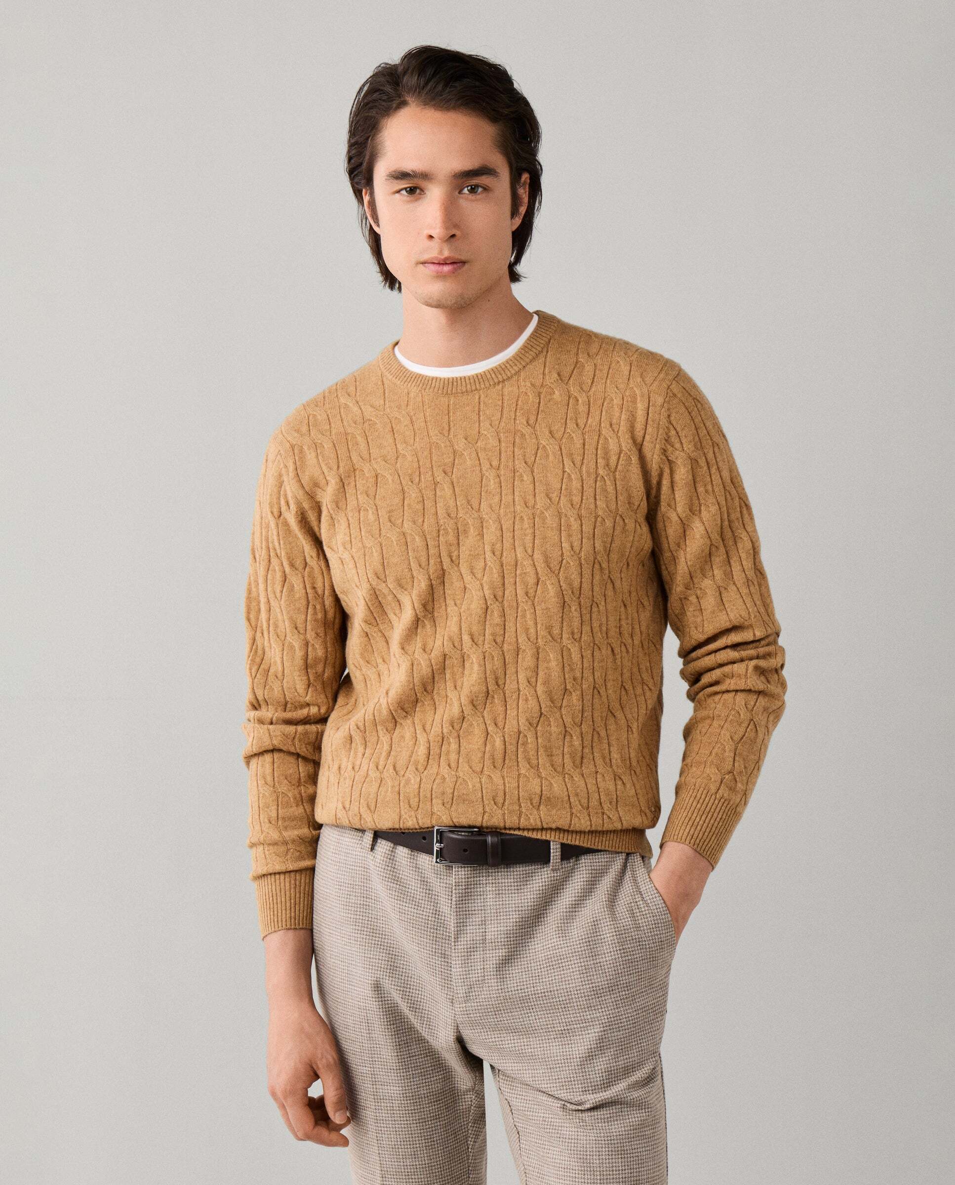 Jersey de hombre en lana de cordero de punto trenzado con cuello redondo - Hackett - Beige Beige-1