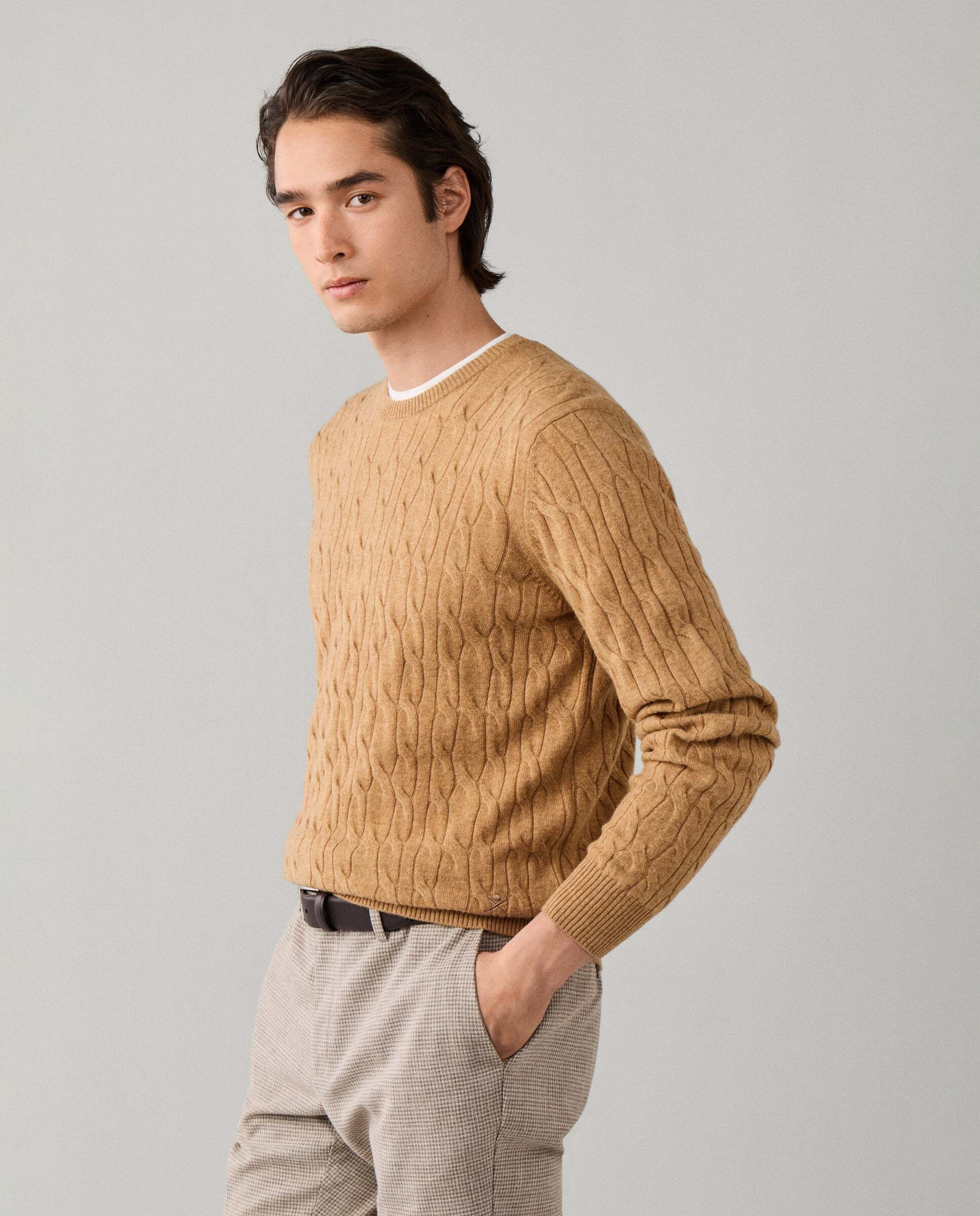 Jersey de hombre en lana de cordero de punto trenzado con cuello redondo - Hackett - Beige Beige-5