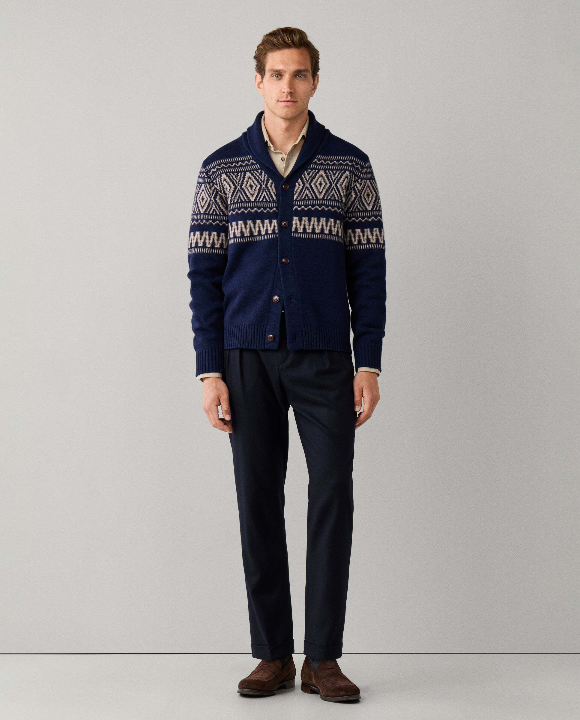 Cárdigan de hombre lana-cashmere fairisle con cuello chal - Hackett - Azul Azul-2