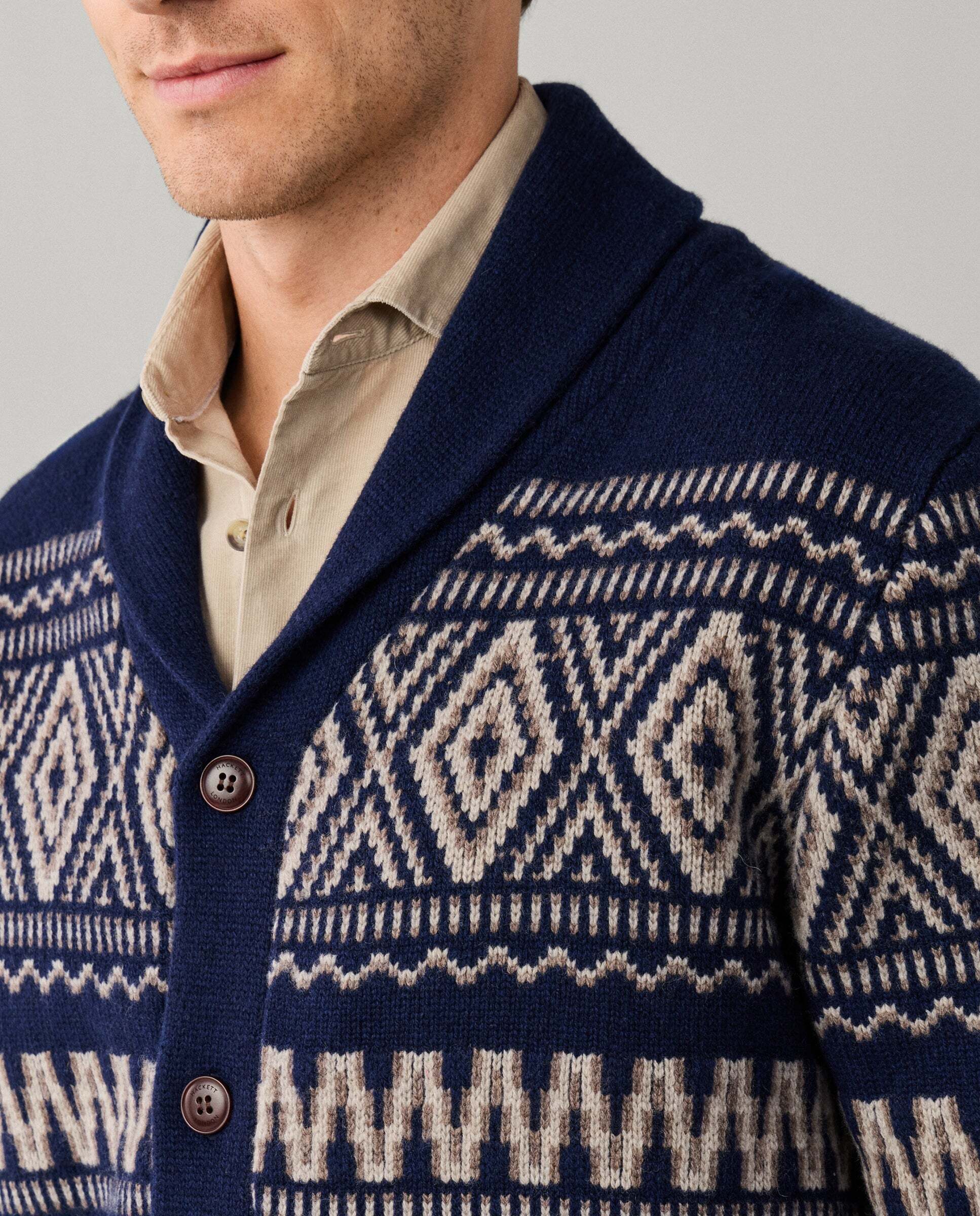 Cárdigan de hombre lana-cashmere fairisle con cuello chal - Hackett - Azul Azul-4