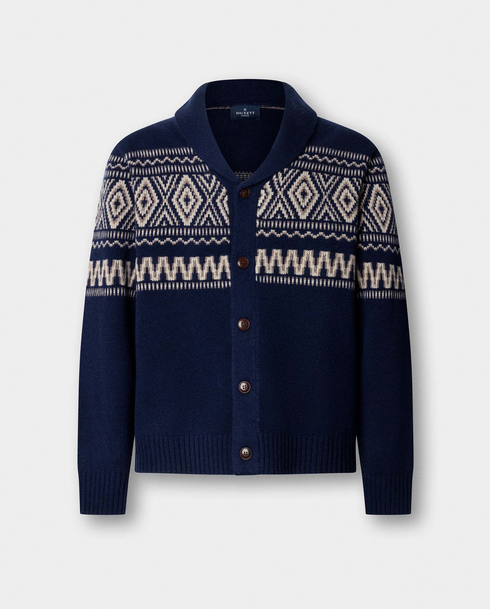 Cárdigan de hombre lana-cashmere fairisle con cuello chal - Hackett - Azul Azul-6