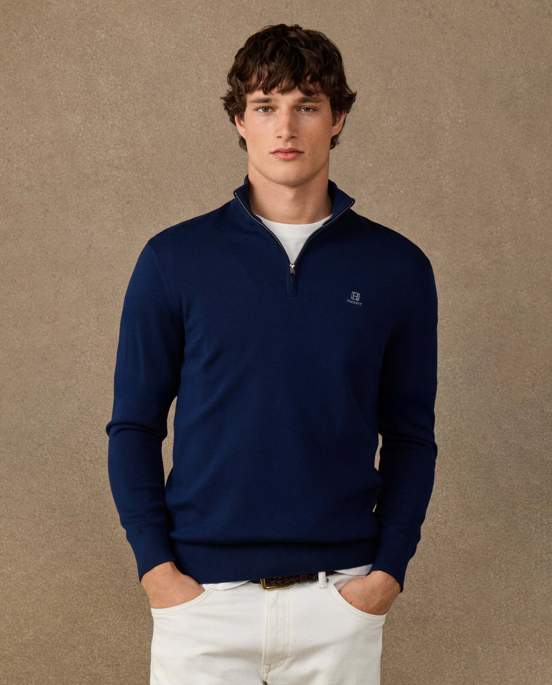 Jersey de hombre con cremallera algodón y logo - Hackett - Azul marino Azul marino-1
