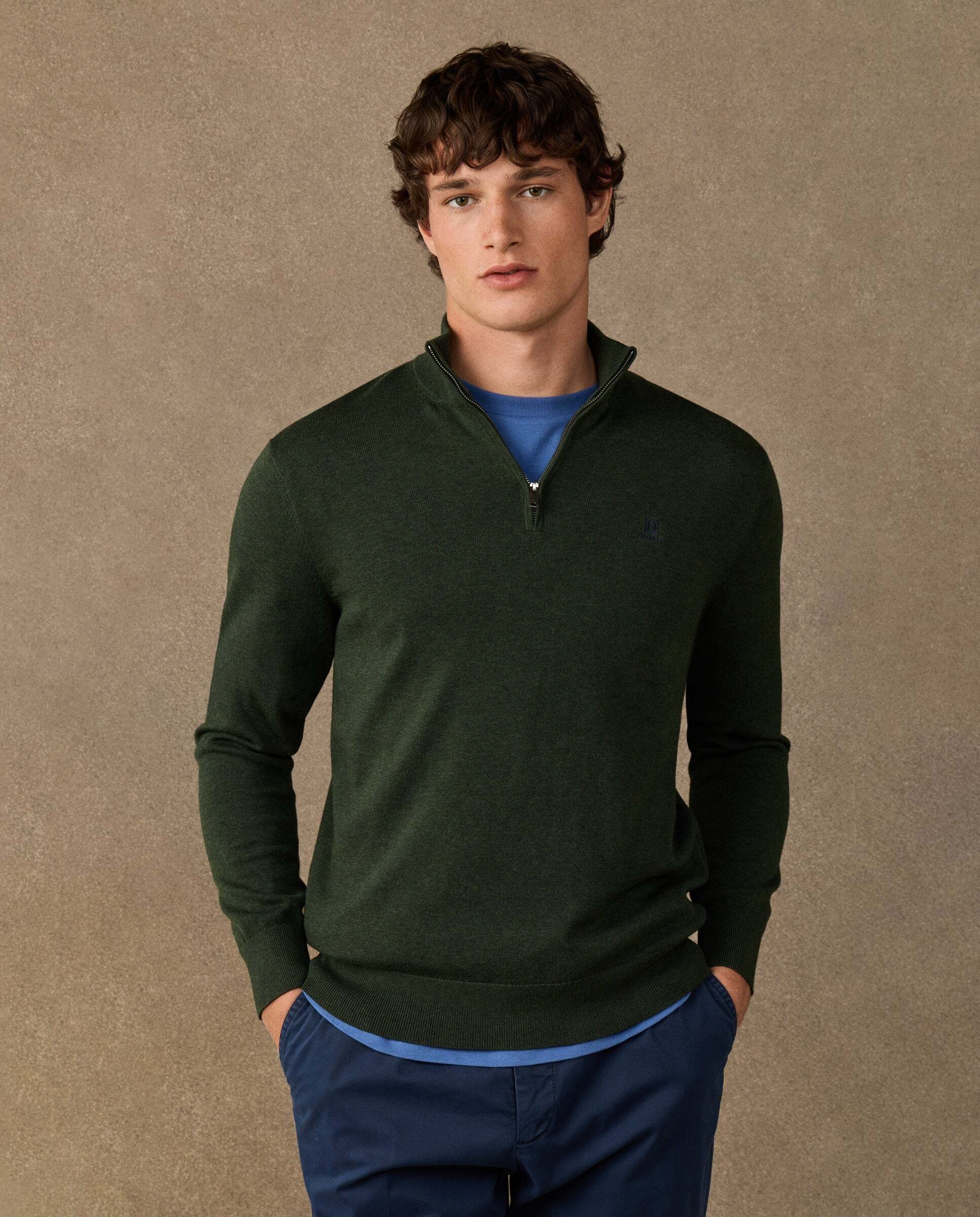 Jersey de hombre con cremallera algodón y logo - Hackett - Verde militar Verde militar-1