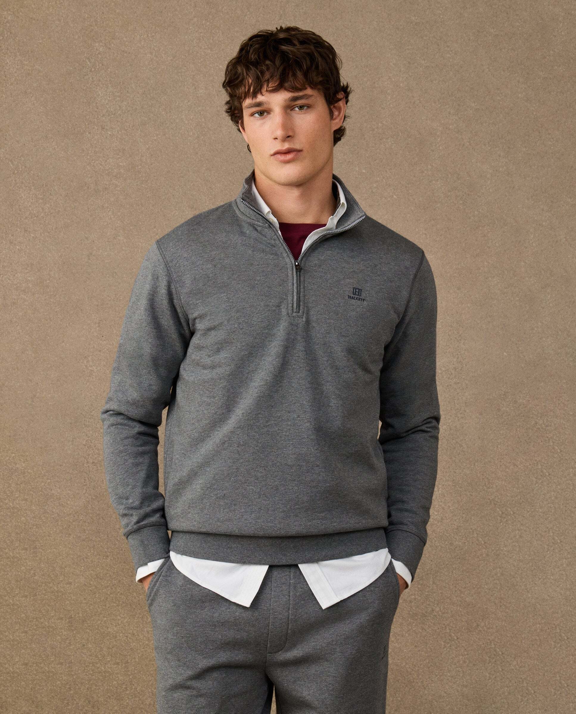 Sudadera de hombre algodón con cremallera y logo - Hackett - Gris Gris-1