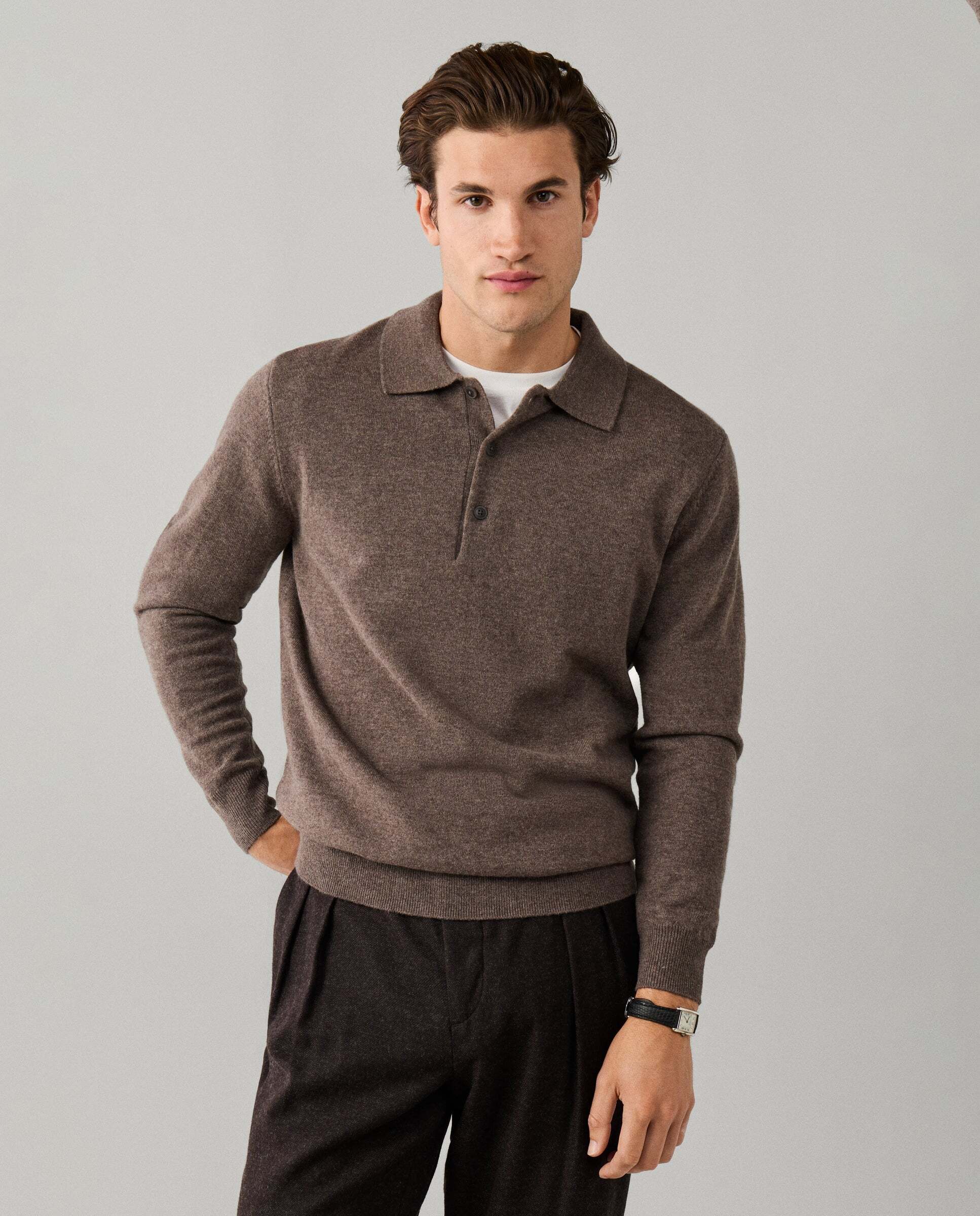 Polo de hombre de punto manga larga en lana de cordero - Hackett - Beige Beige-1