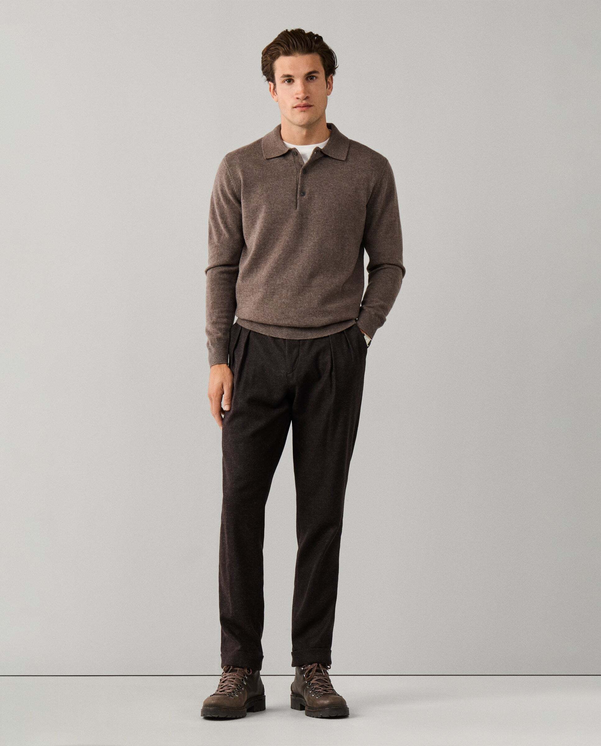 Polo de hombre de punto manga larga en lana de cordero - Hackett - Beige Beige-2