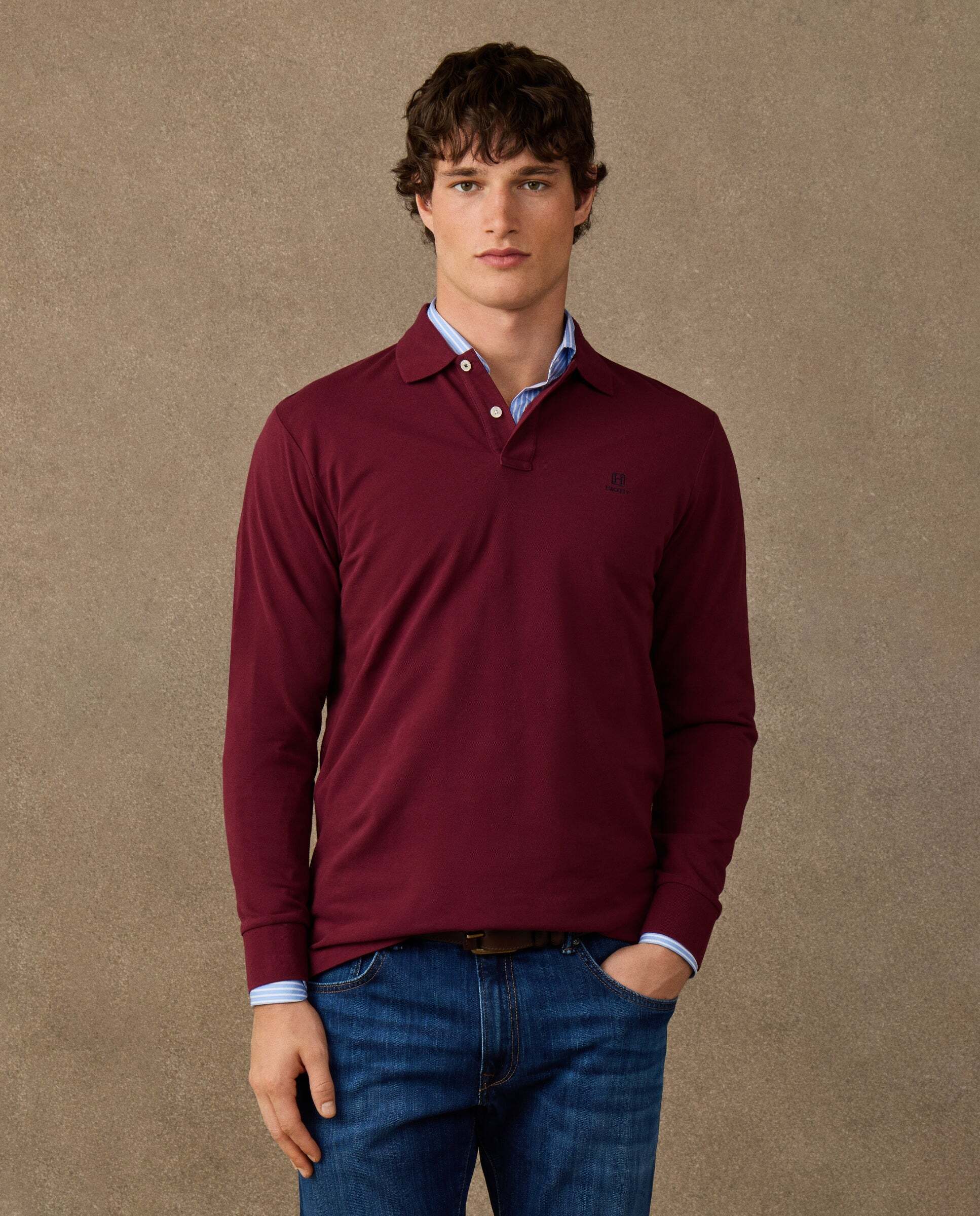 Polo de hombre manga larga con logo fit clásico - Hackett - Rojo Rojo-1