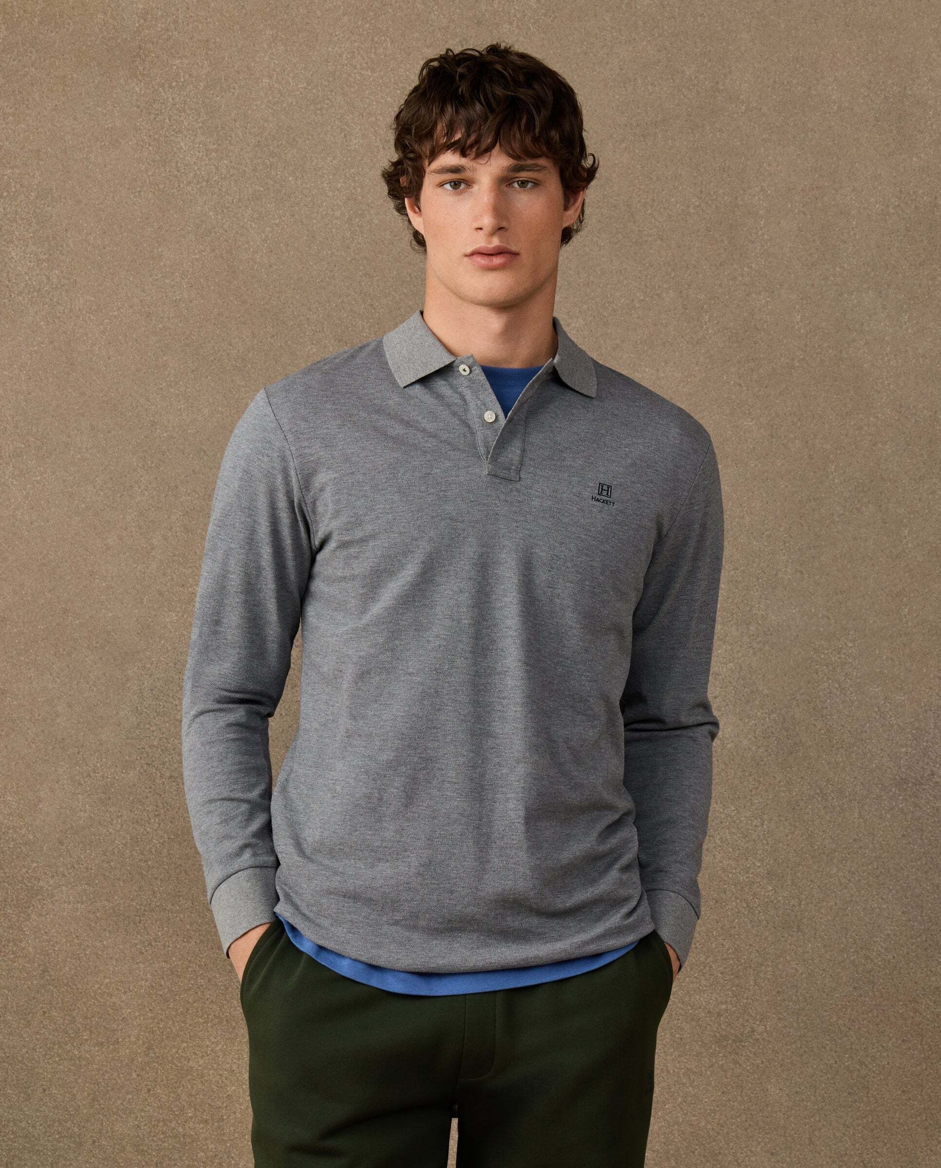Polo de hombre manga larga con logo fit clásico - Hackett - Gris Gris-1
