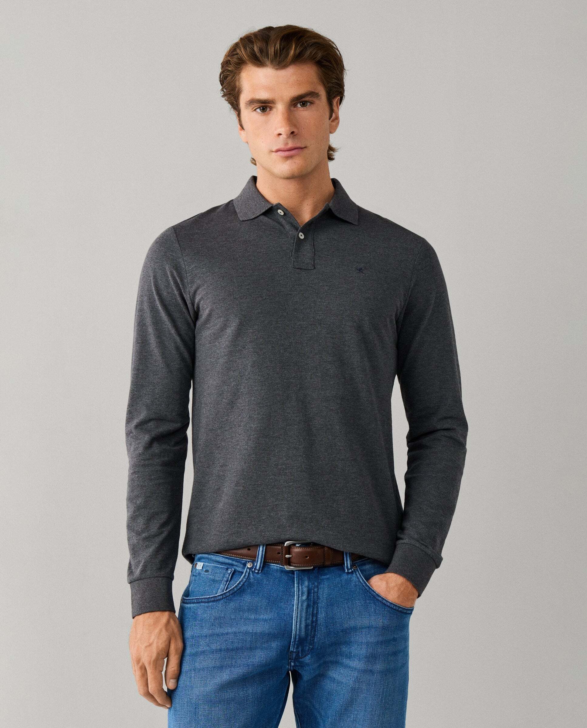 Polo de hombre manga larga con logo fit slim - Hackett - Gris oscuro Gris oscuro-1